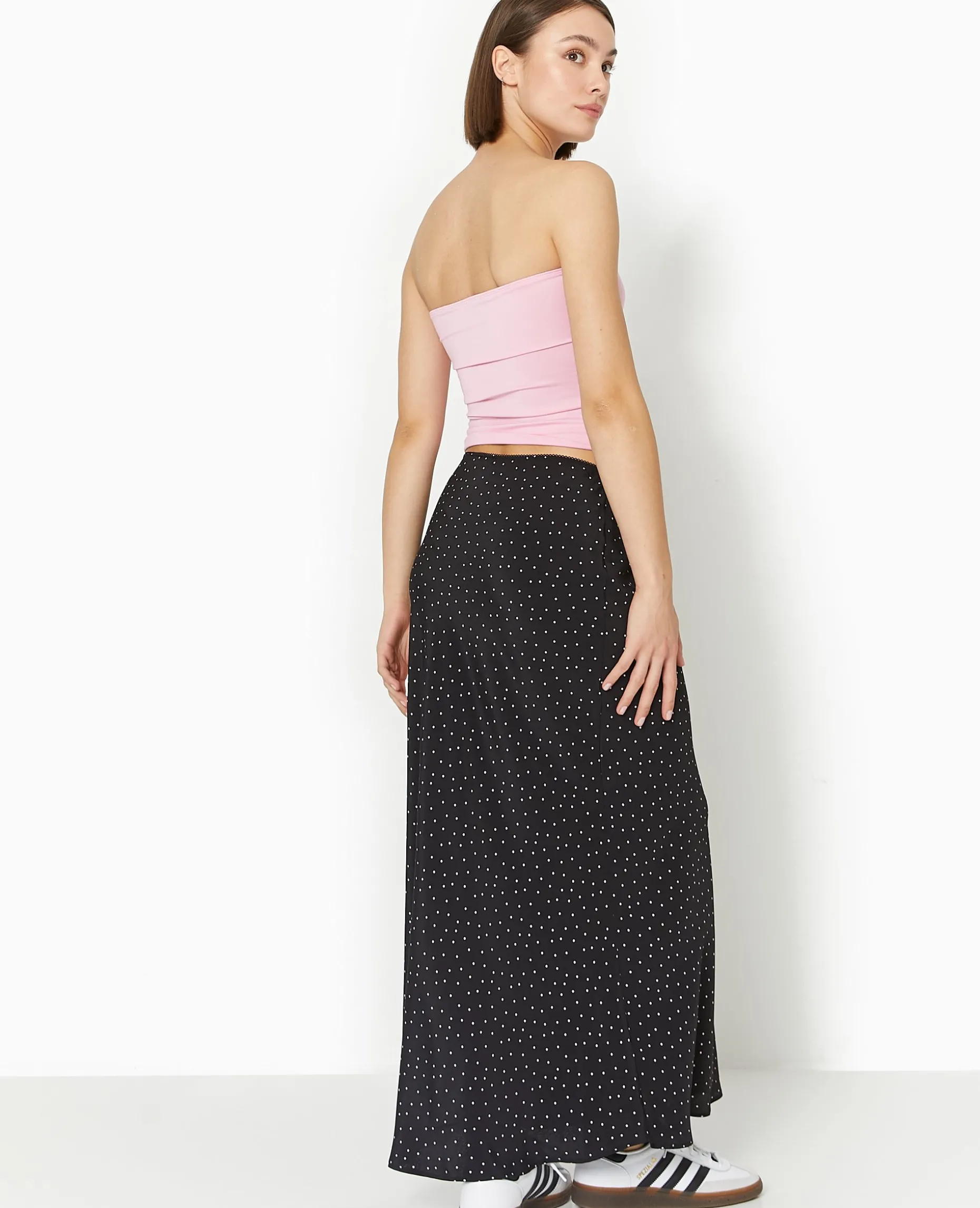 Jupe Longue En Tissu Fluide Motif Pois - Noir