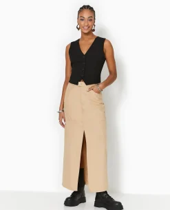 Jupe Longue En Toile Avec Fente - Beige
