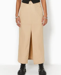 Jupe Longue En Toile Avec Fente - Beige
