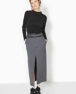 Jupe Longue Et Droite Avec Double Ceinture - Gris Foncé