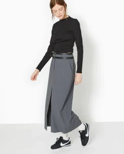 Jupe Longue Et Droite Avec Double Ceinture - Gris Foncé