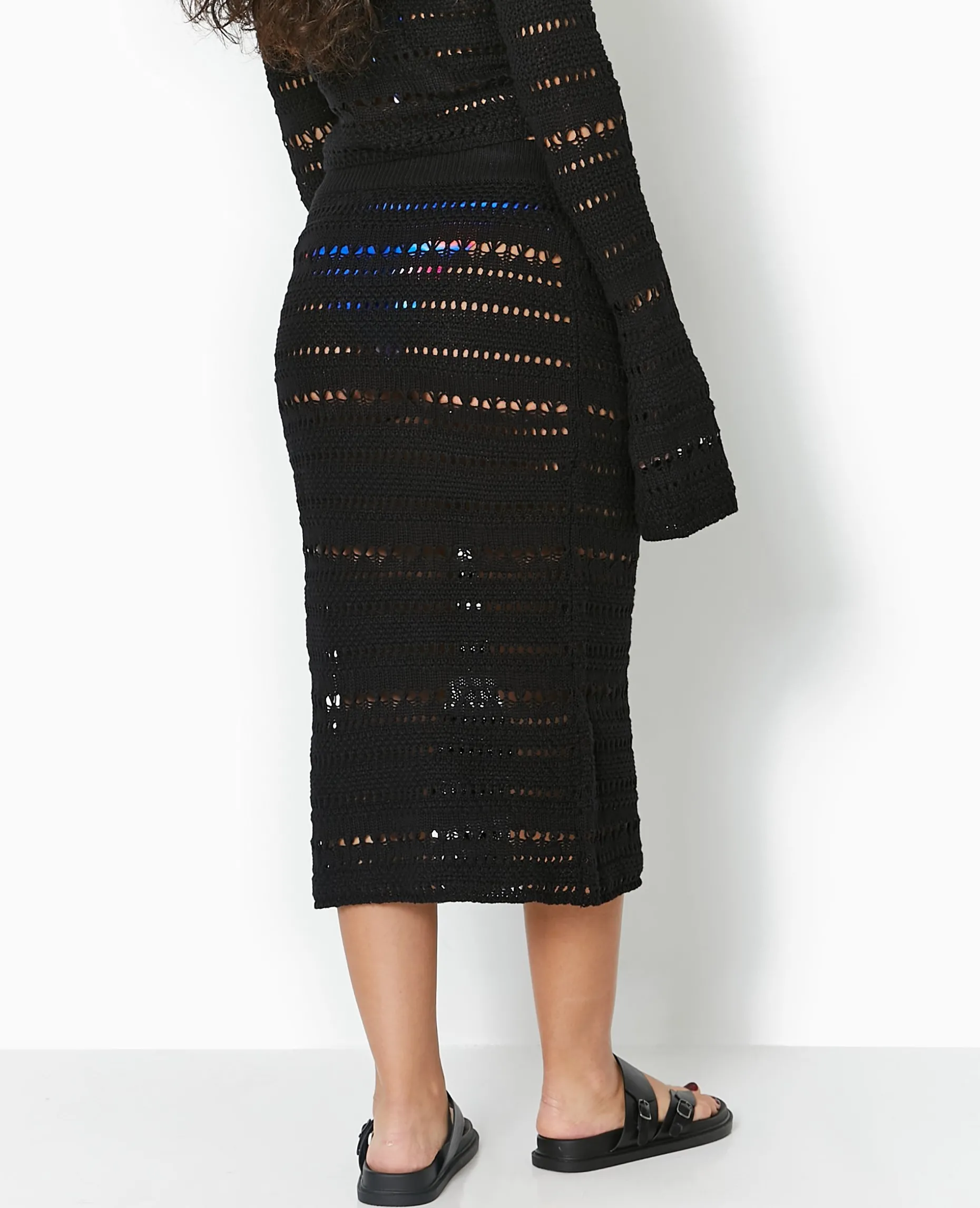 Jupe Midi En Maille Ajourée Façon Crochet - Noir