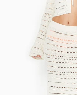 Jupe Midi En Maille Ajourée Façon Crochet - Blanc