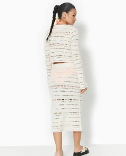 Jupe Midi En Maille Ajourée Façon Crochet - Blanc