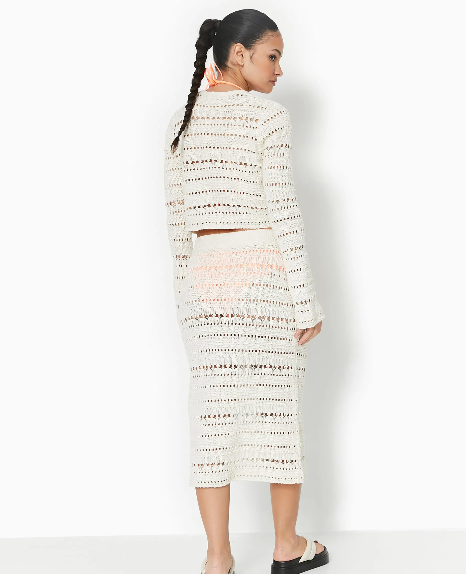 Jupe Midi En Maille Ajourée Façon Crochet - Blanc
