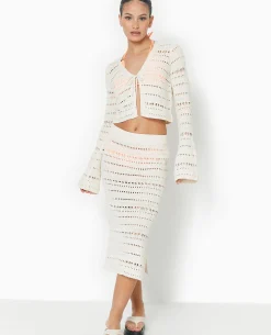 Jupe Midi En Maille Ajourée Façon Crochet - Blanc