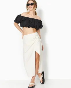 Jupe Midi Portefeuille En Tissu Effet Lin - Blanc