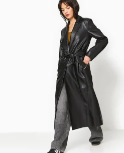 Manteau Long En Simili Cuir - Noir