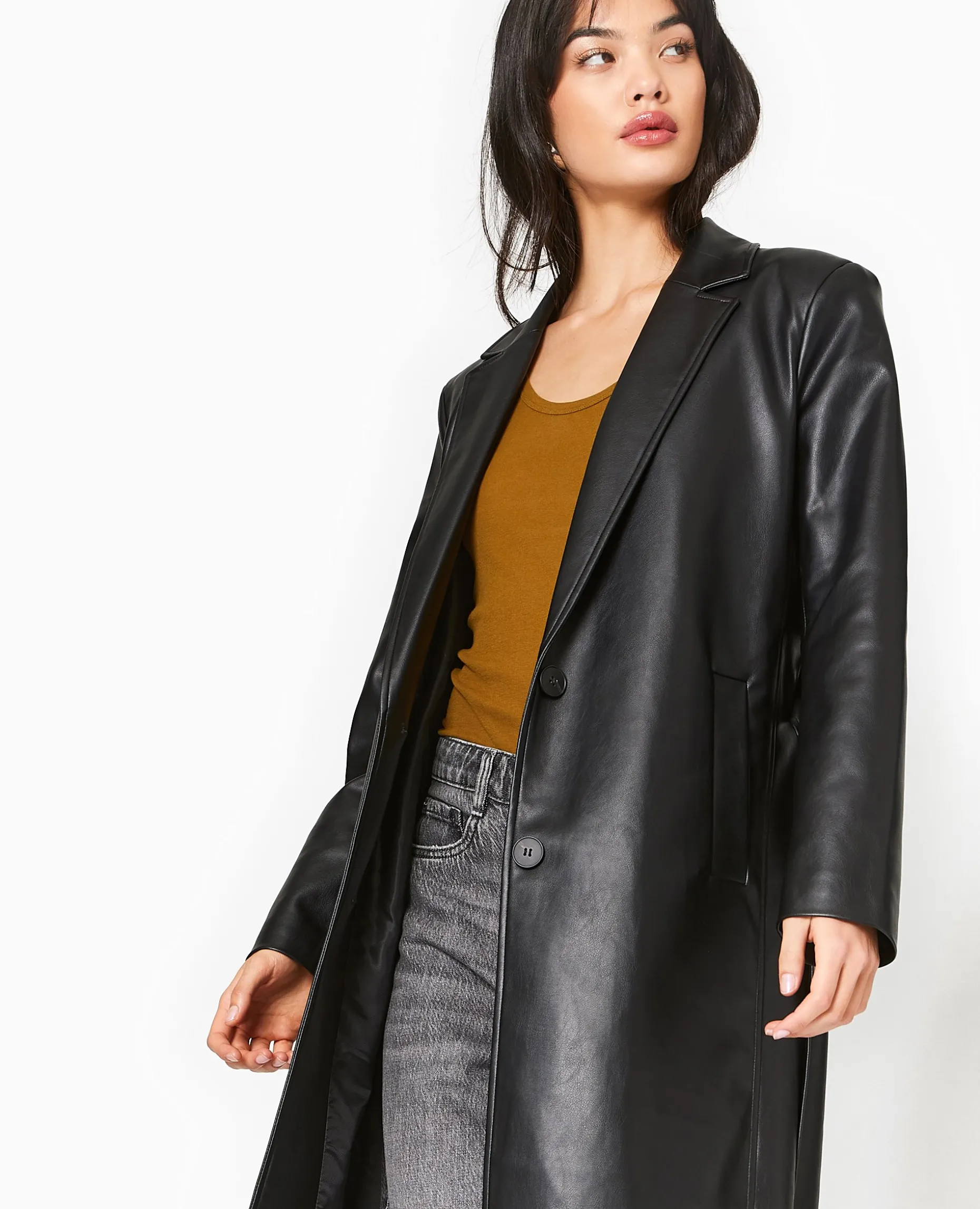 Manteau Long En Simili Cuir - Noir