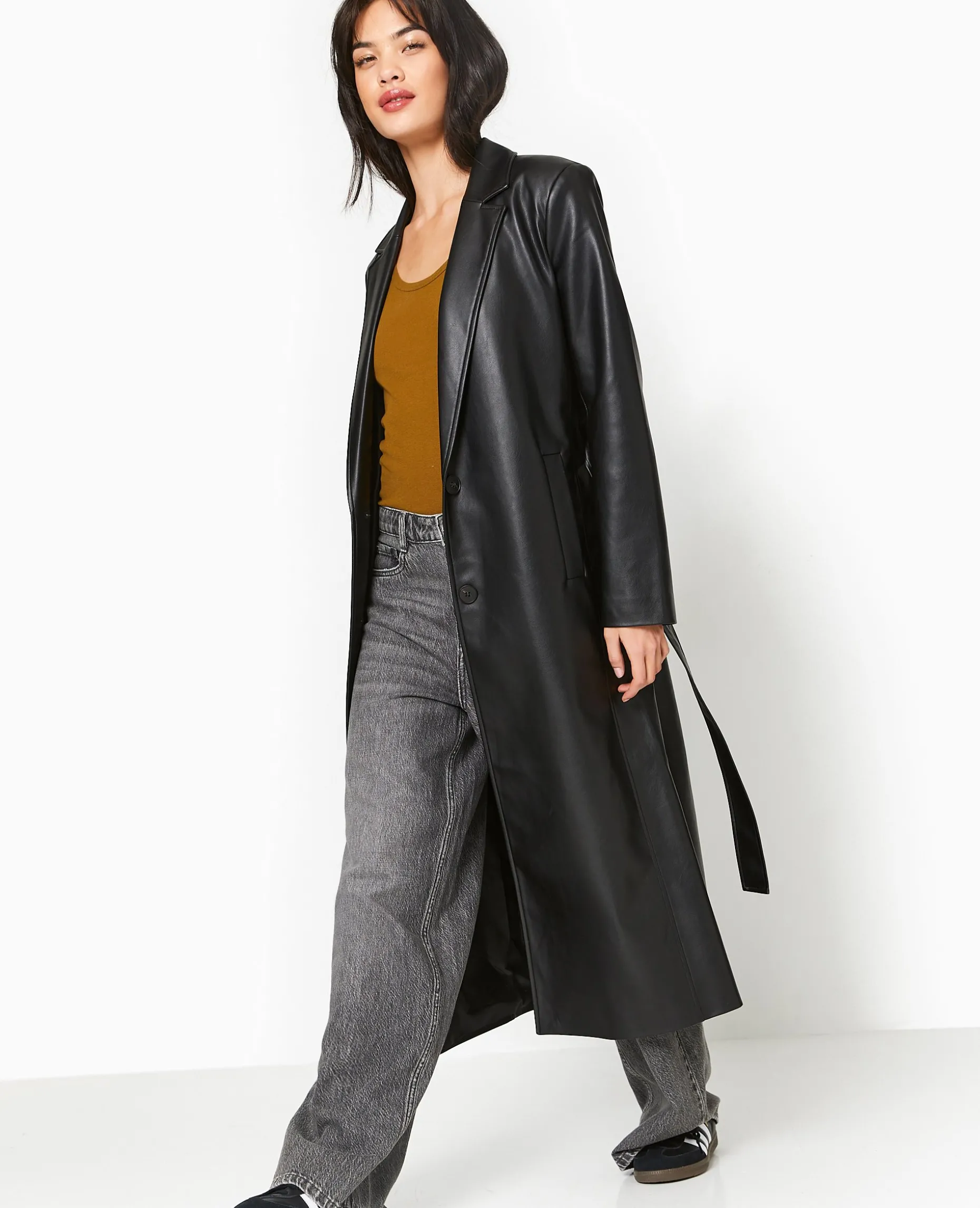 Manteau Long En Simili Cuir - Noir