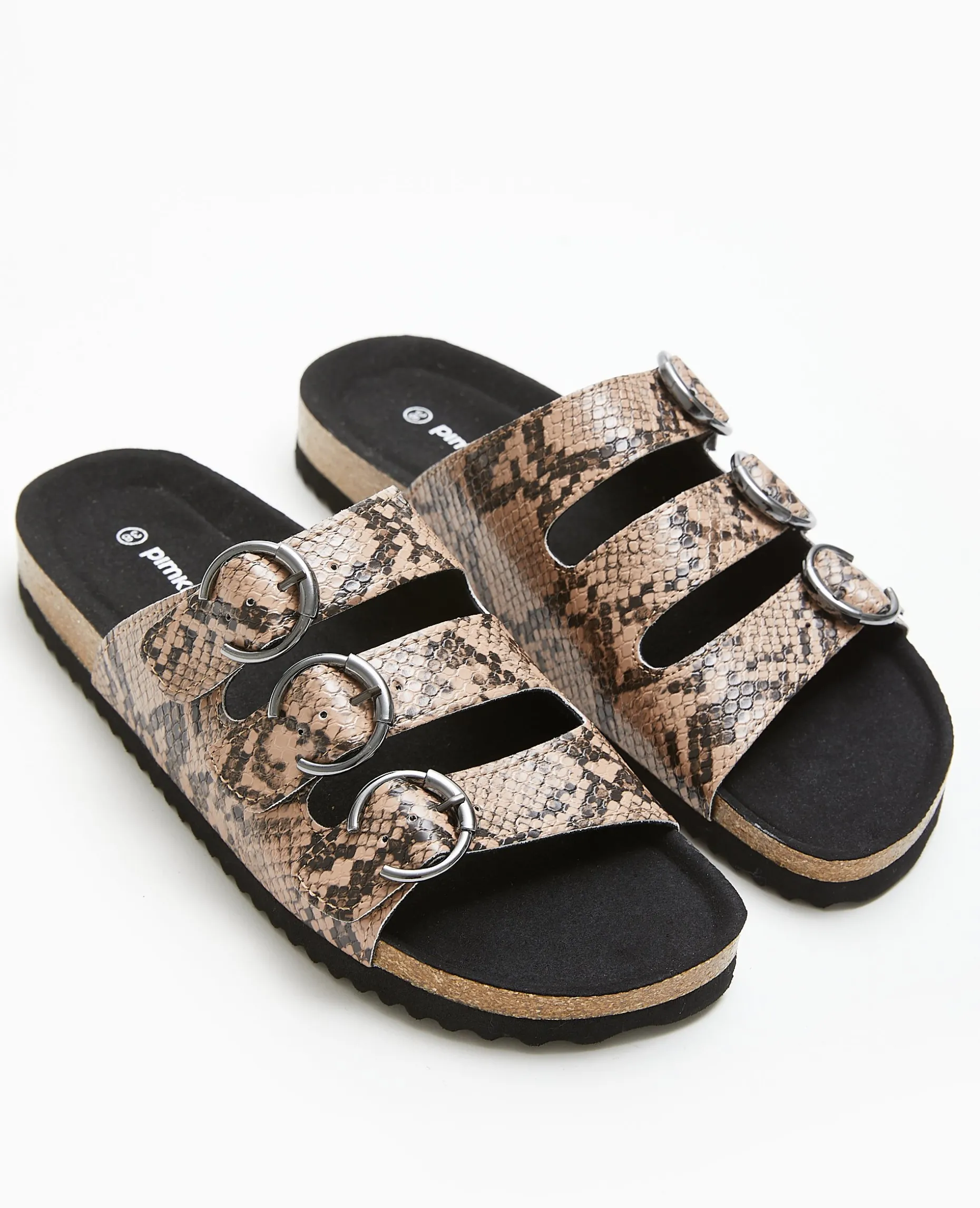 Mules Plates Avec 3 Brides Motif Serpent - Taupe