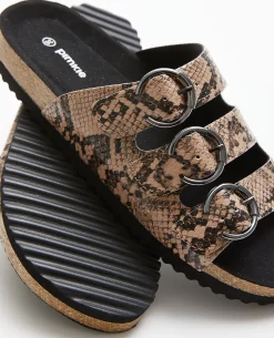 Mules Plates Avec 3 Brides Motif Serpent - Taupe