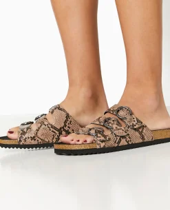 Mules Plates Avec 3 Brides Motif Serpent - Taupe