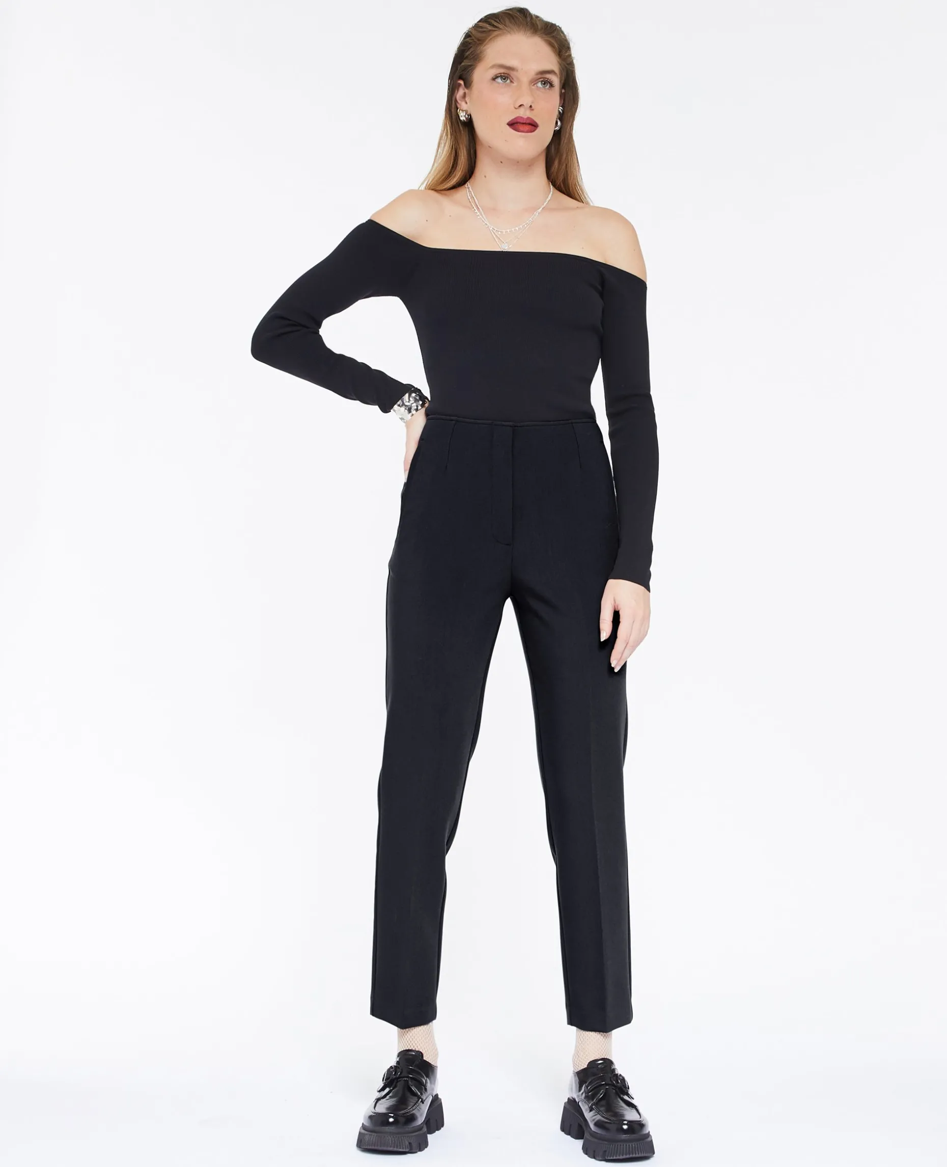 Pantalon Cigarette Taille Haute - Gris Foncé