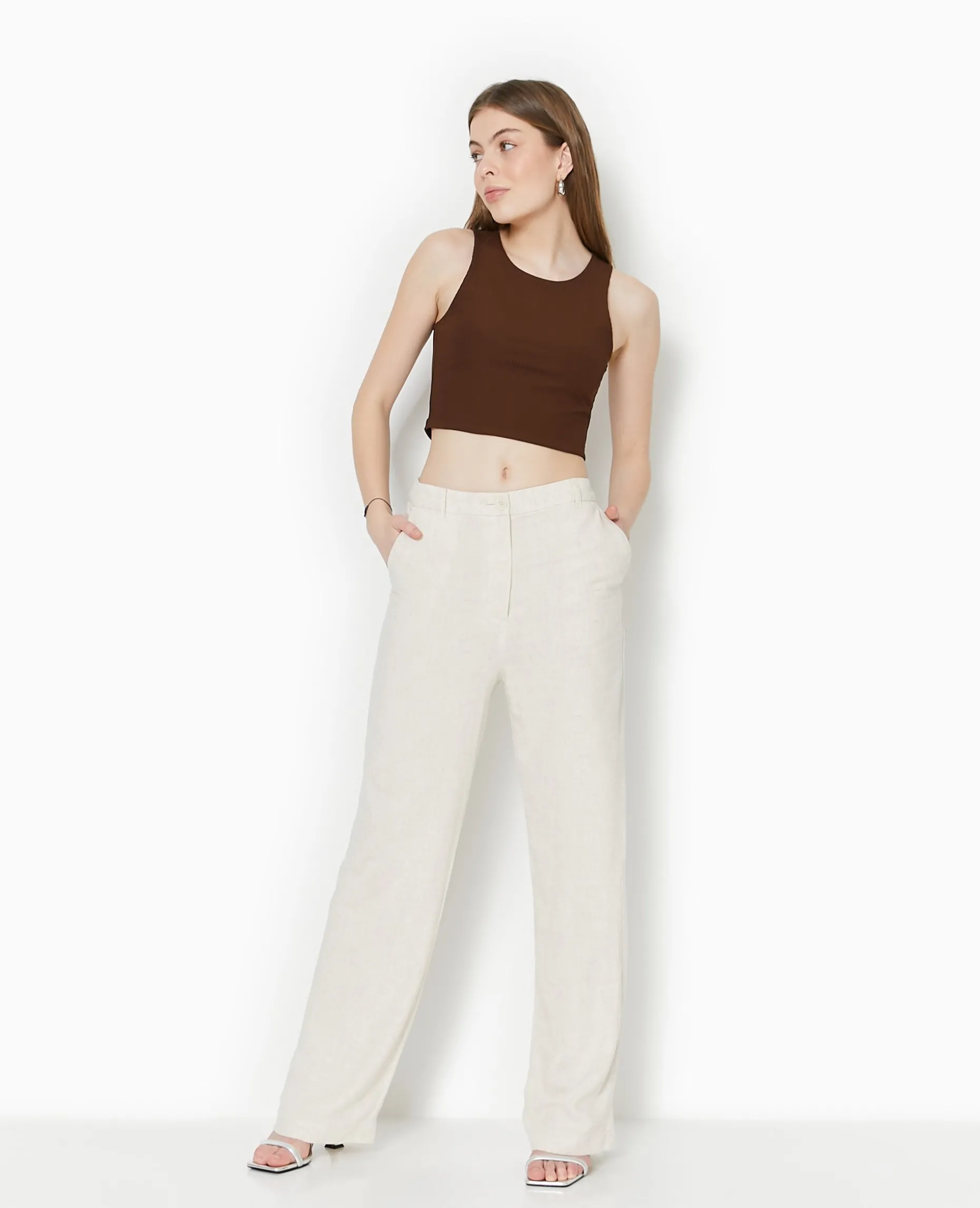 Pantalon Droit Avec Lin - Blanc