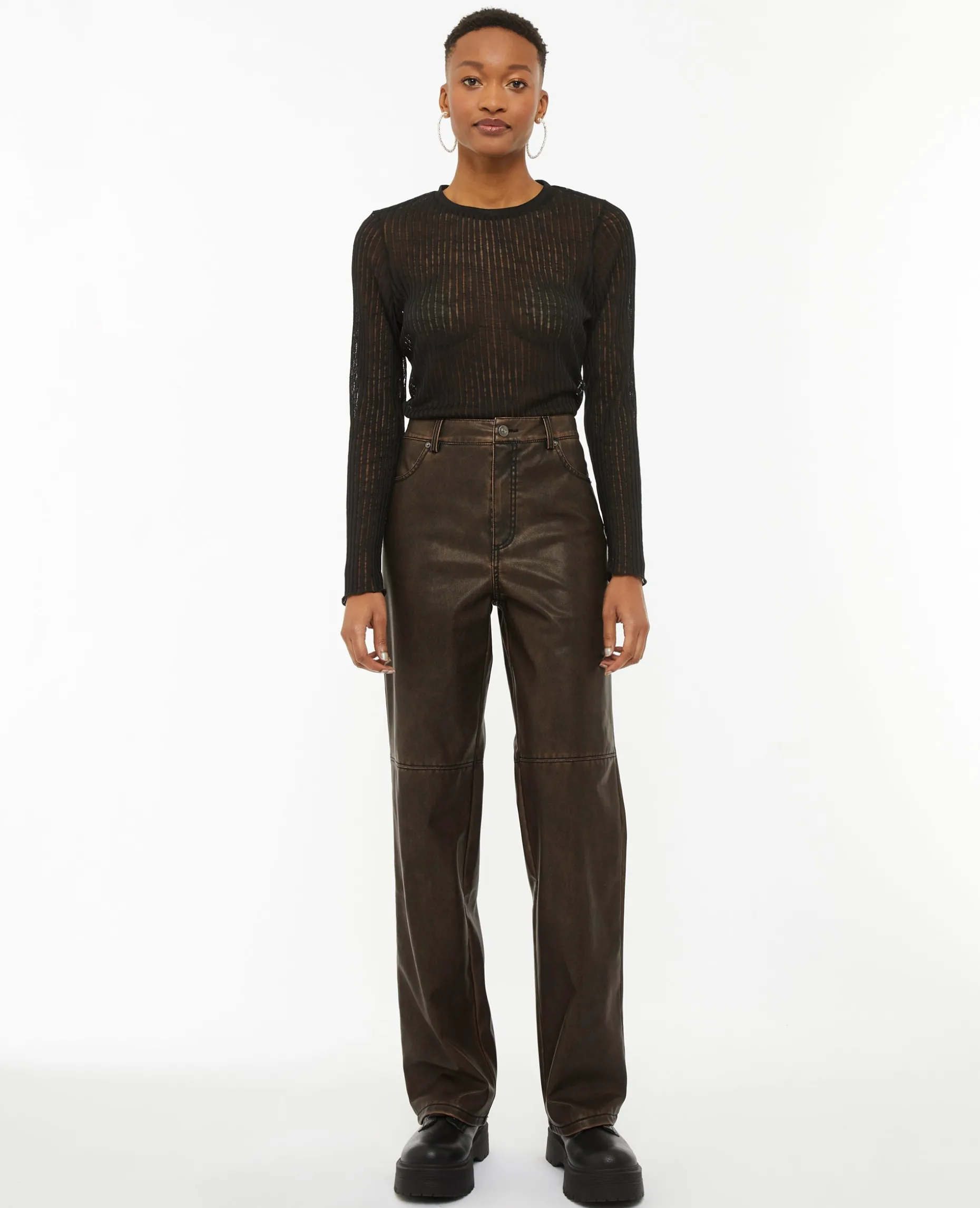 Pantalon Droit En Simili - Marron