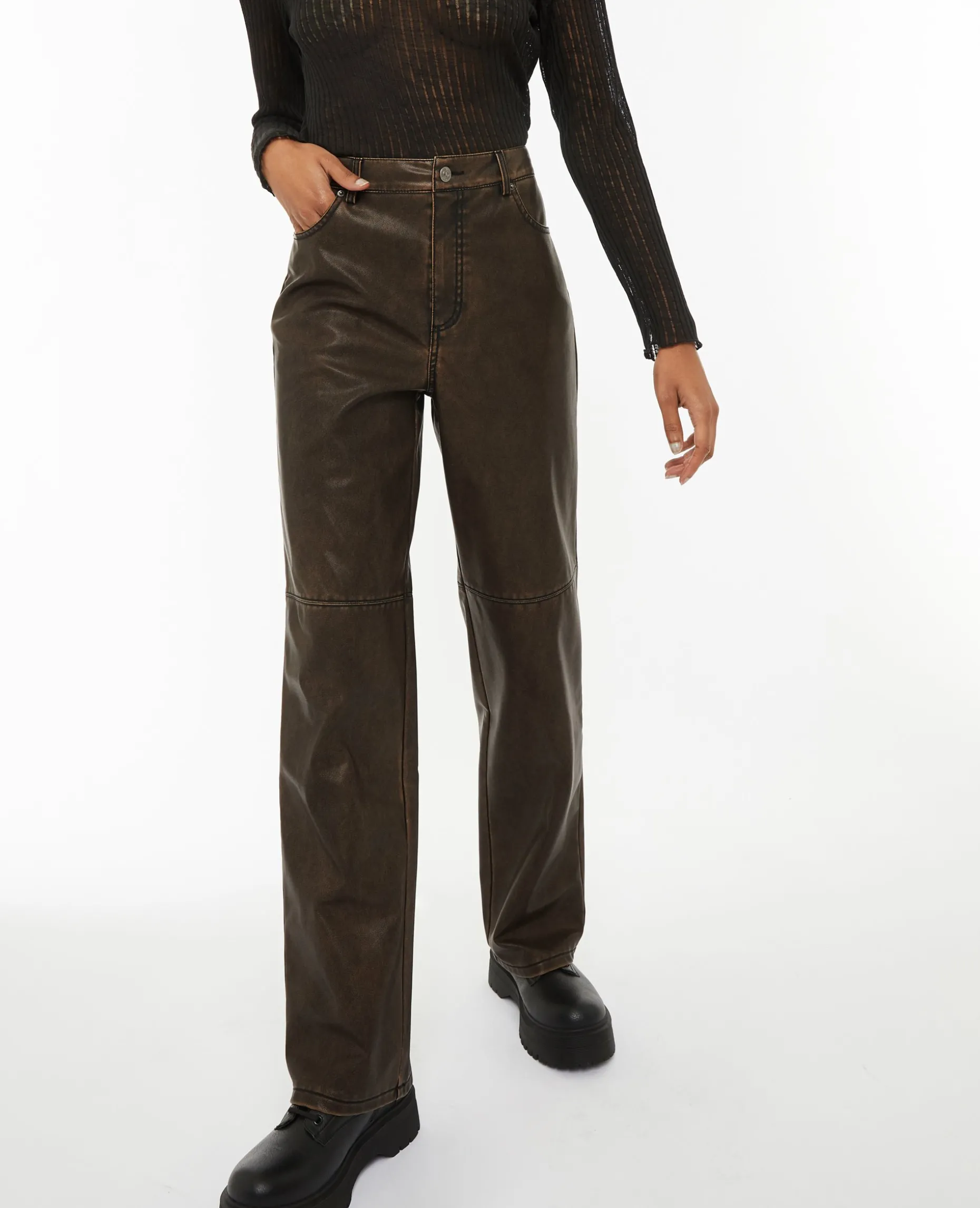 Pantalon Droit En Simili - Marron