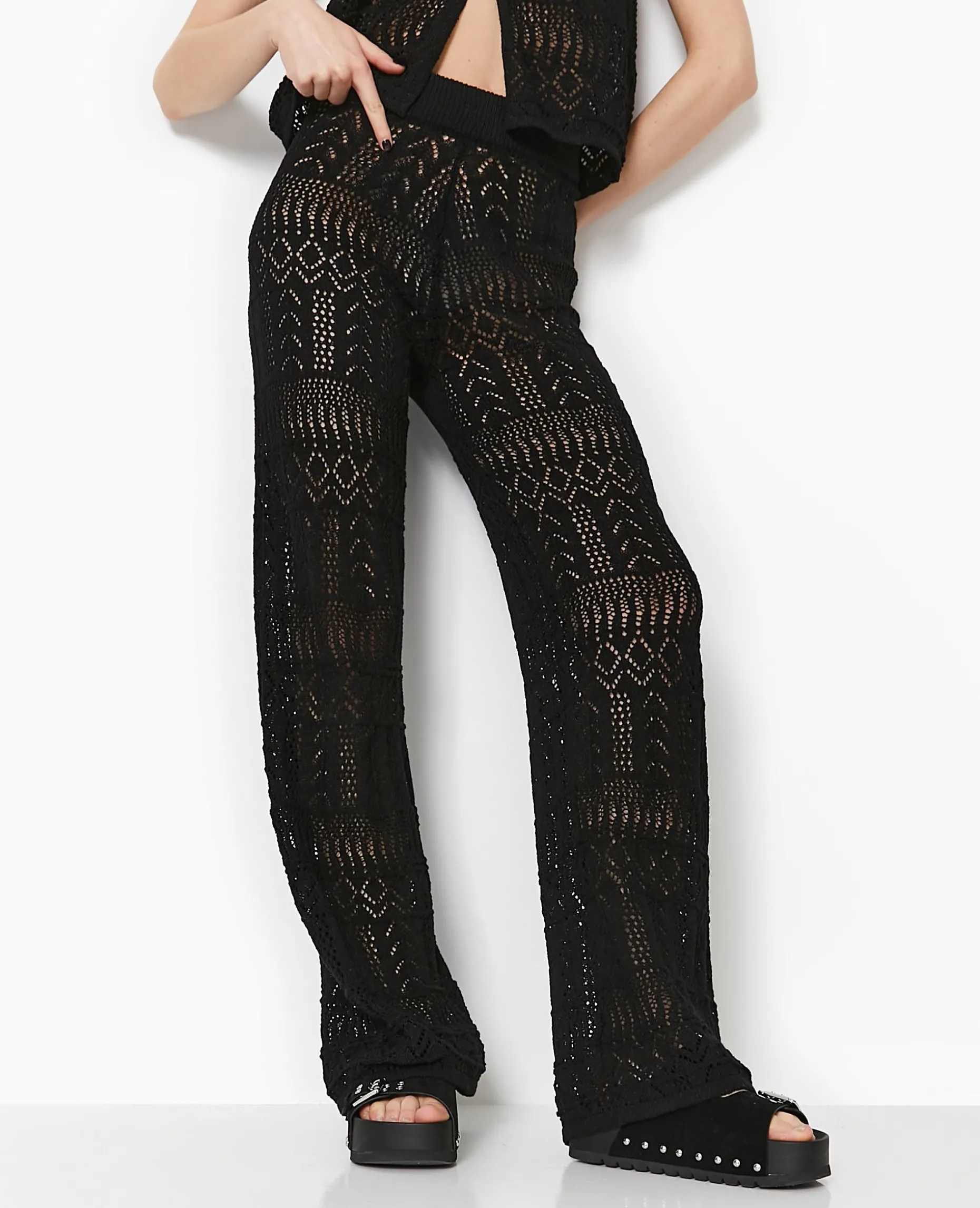 Pantalon En Maille Fantaisie Ajourée - Noir