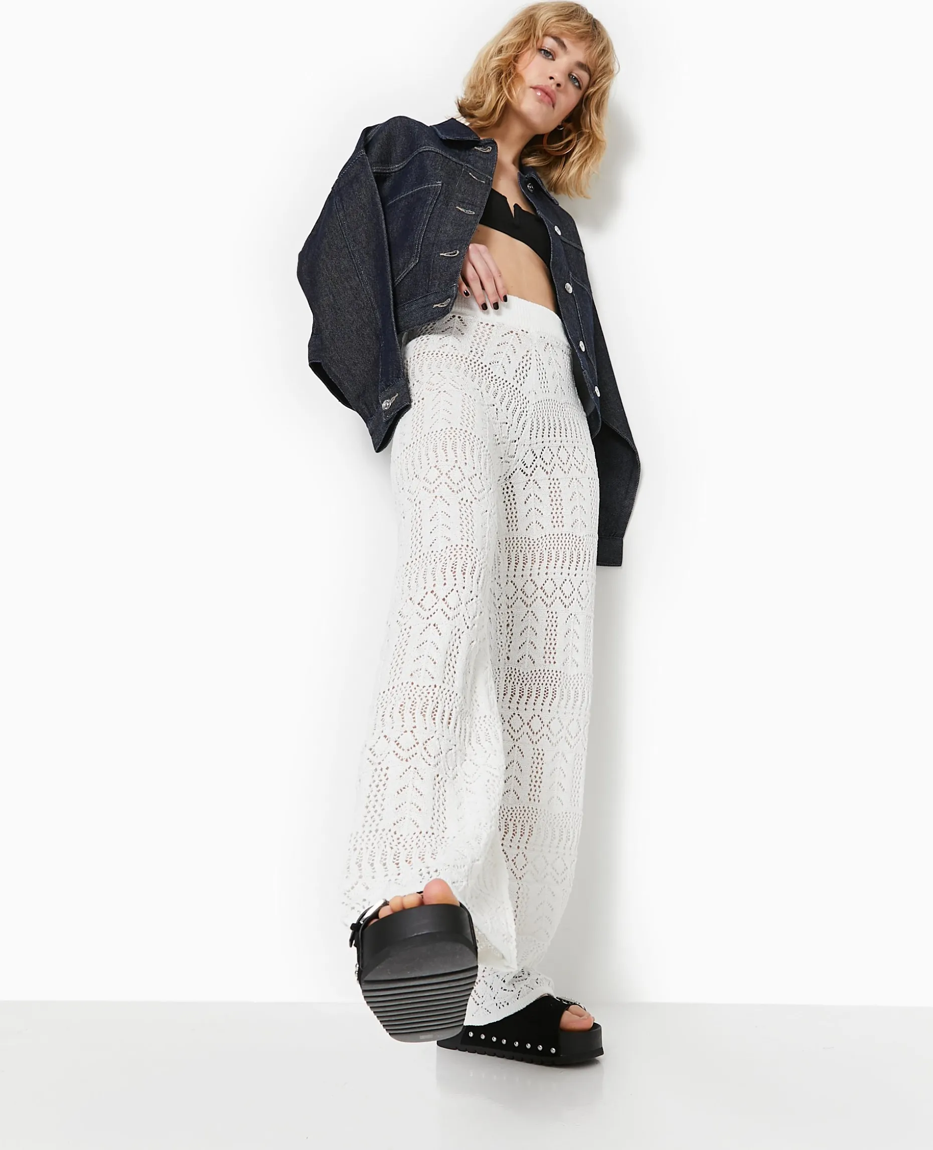 Pantalon En Maille Fantaisie Ajourée - Blanc