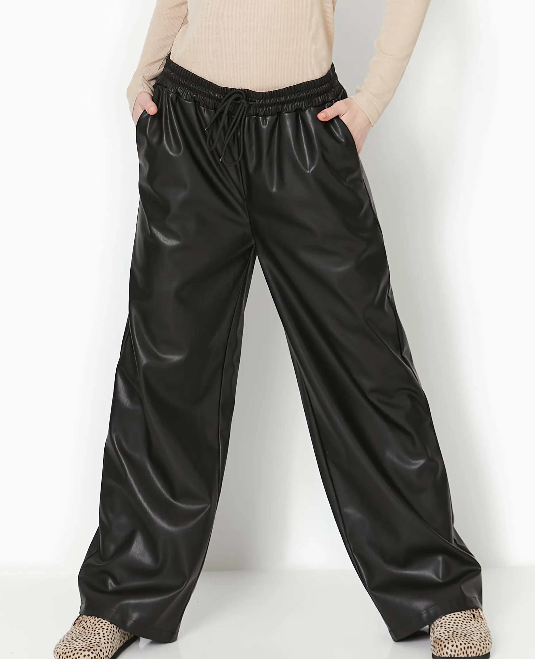 Pantalon En Simili Taille élastiquée - Noir