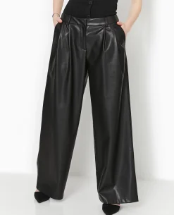 Pantalon Large Avec Pinces En Simili - Noir