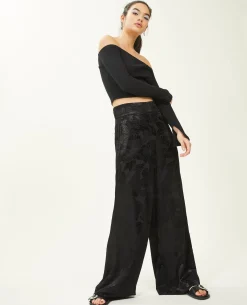 Pantalon Large Tissu Satiné Jacquard - Noir