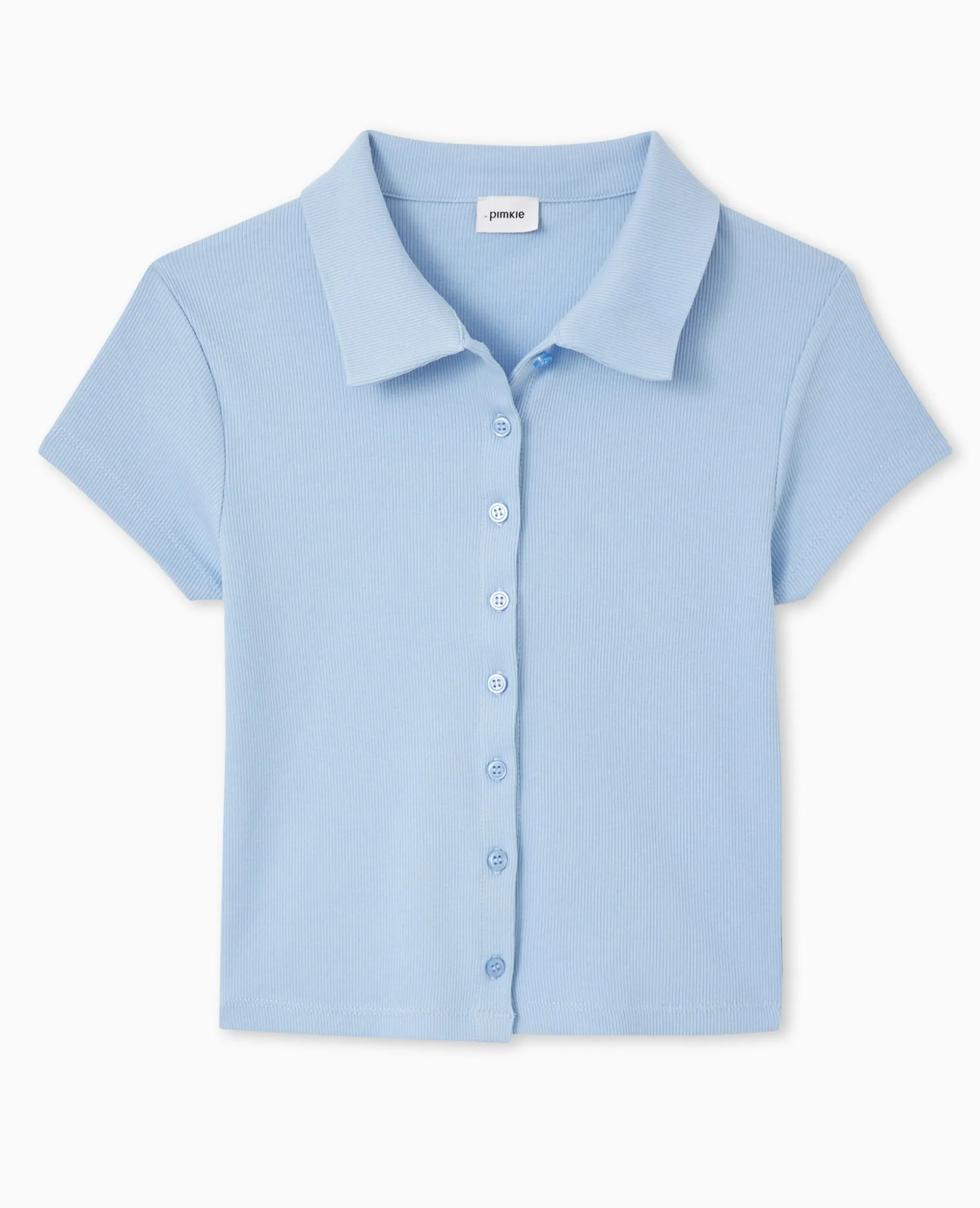 Polo Court Boutonnée En Maille Côtelée - Bleu