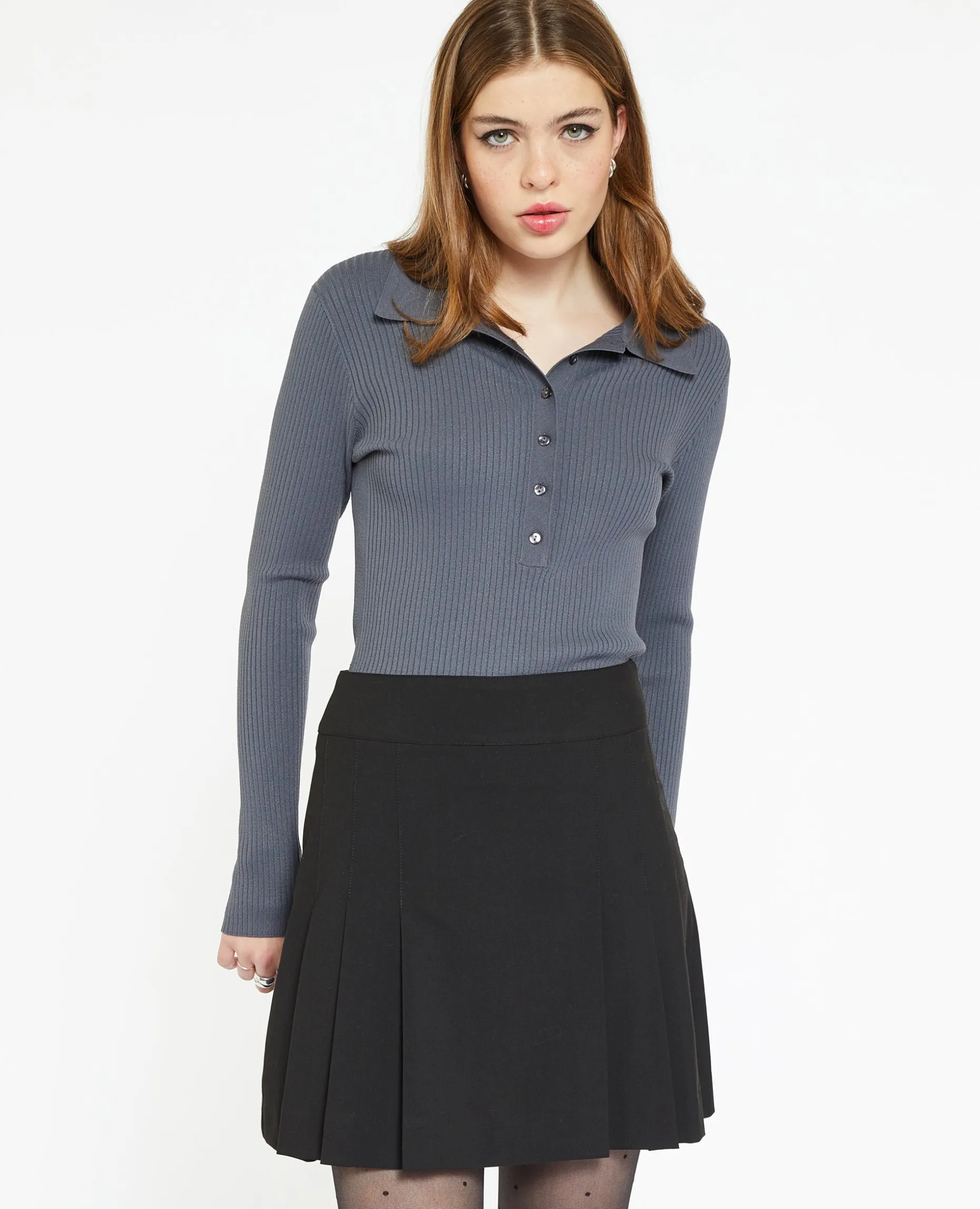 Pull Col Polo En Maille Côtelée - Gris Foncé