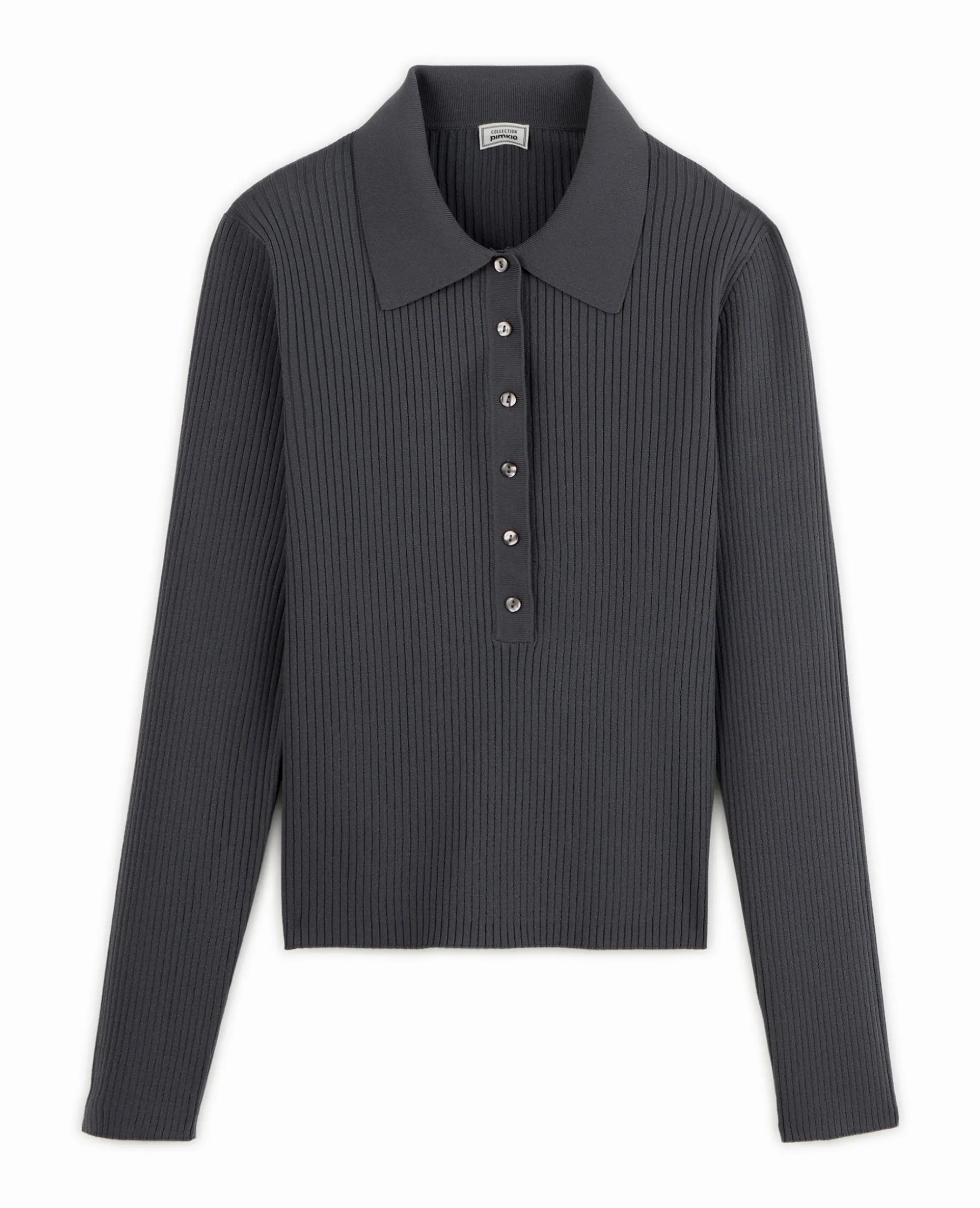 Pull Col Polo En Maille Côtelée - Gris Foncé
