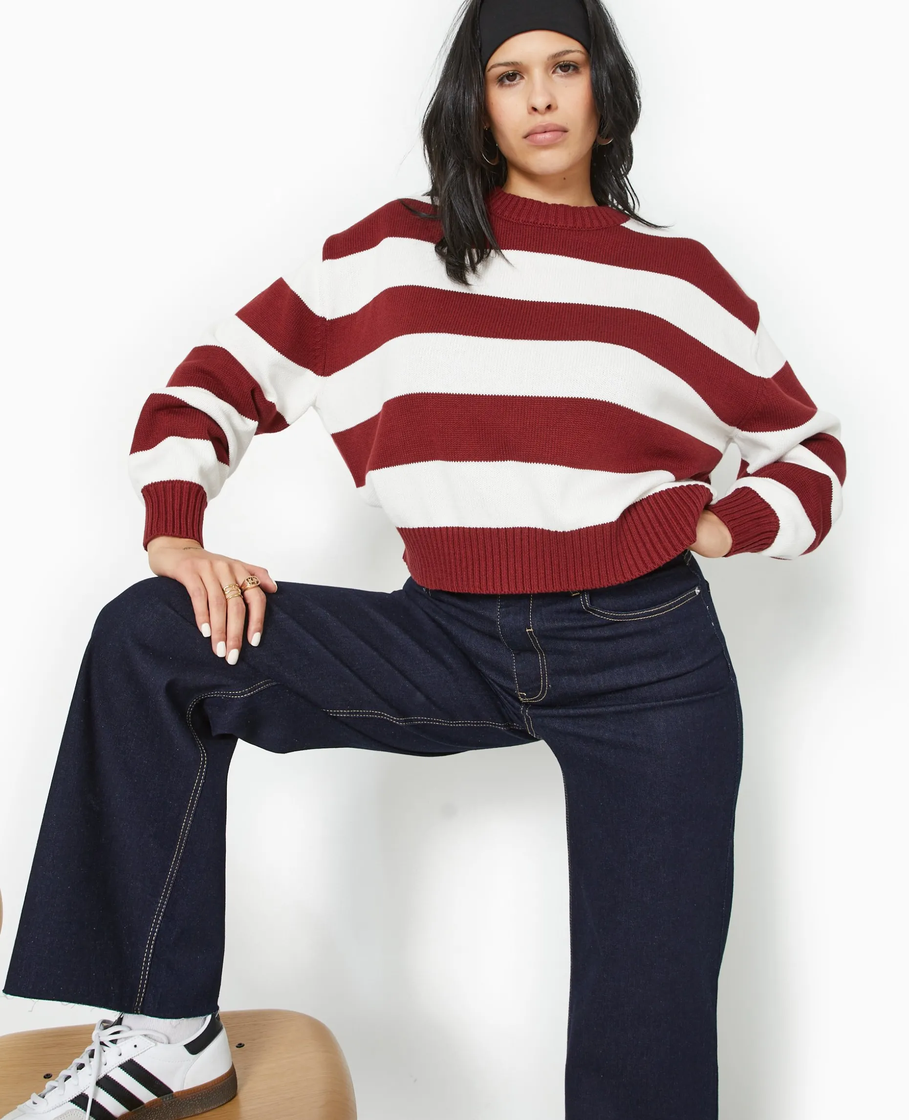 Pull Col Rond En Maille Rayée - Bordeaux