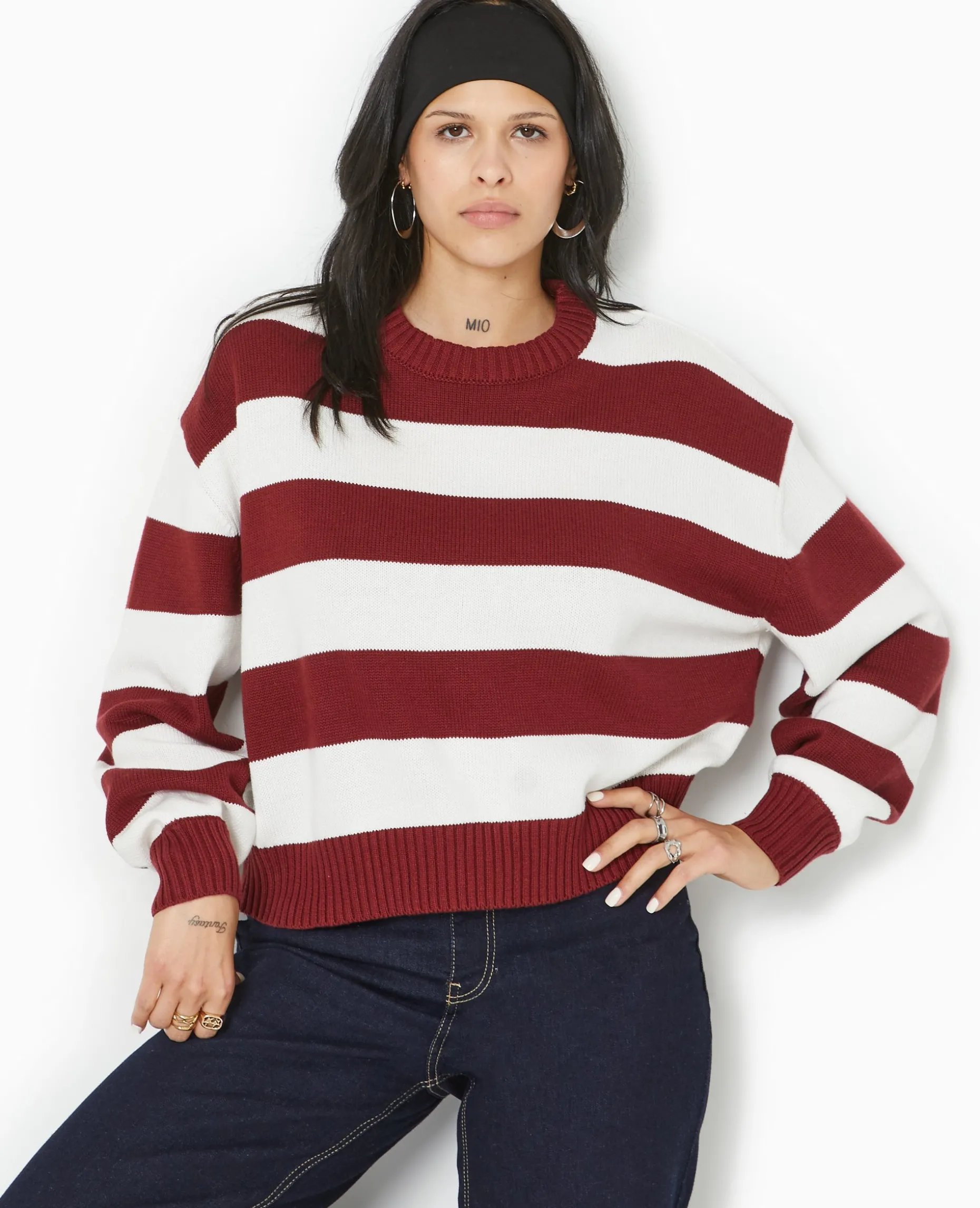 Pull Col Rond En Maille Rayée - Bordeaux
