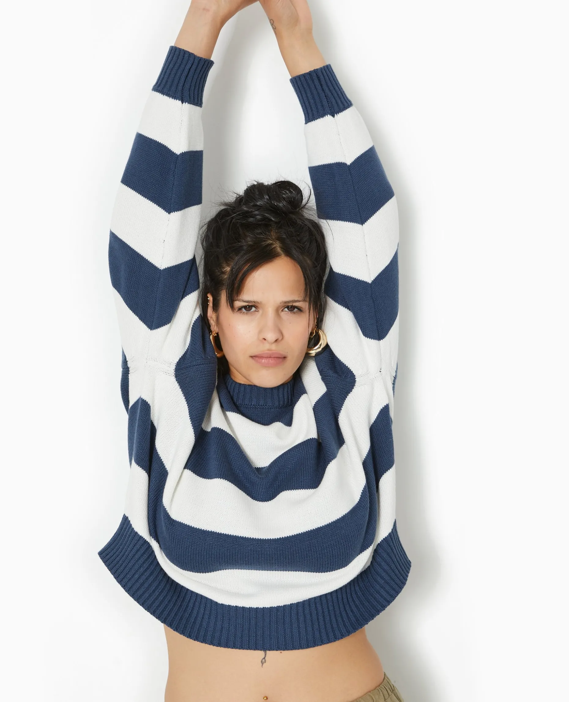 Pull Col Rond En Maille Rayée - Bleu Marine