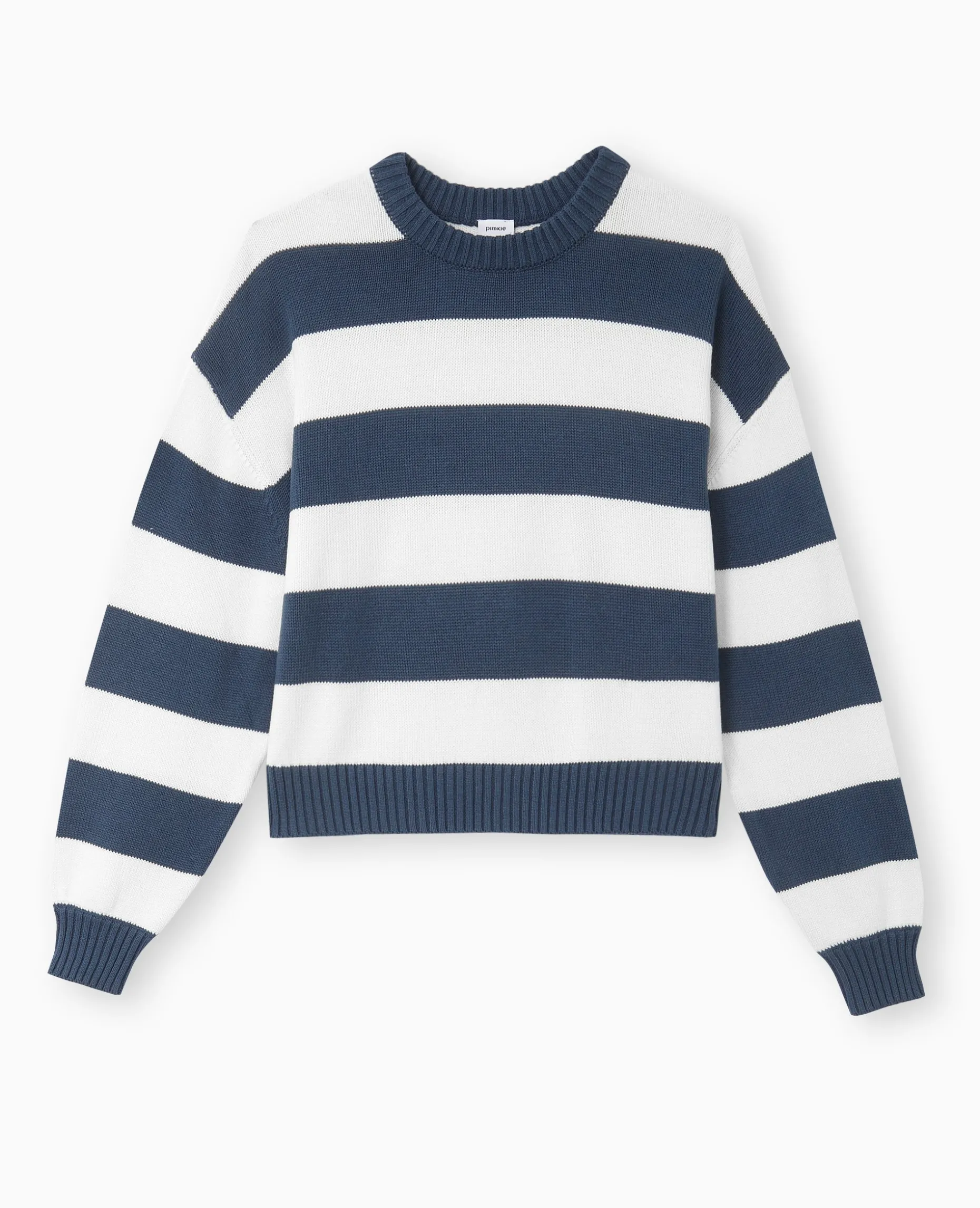 Pull Col Rond En Maille Rayée - Bleu Marine