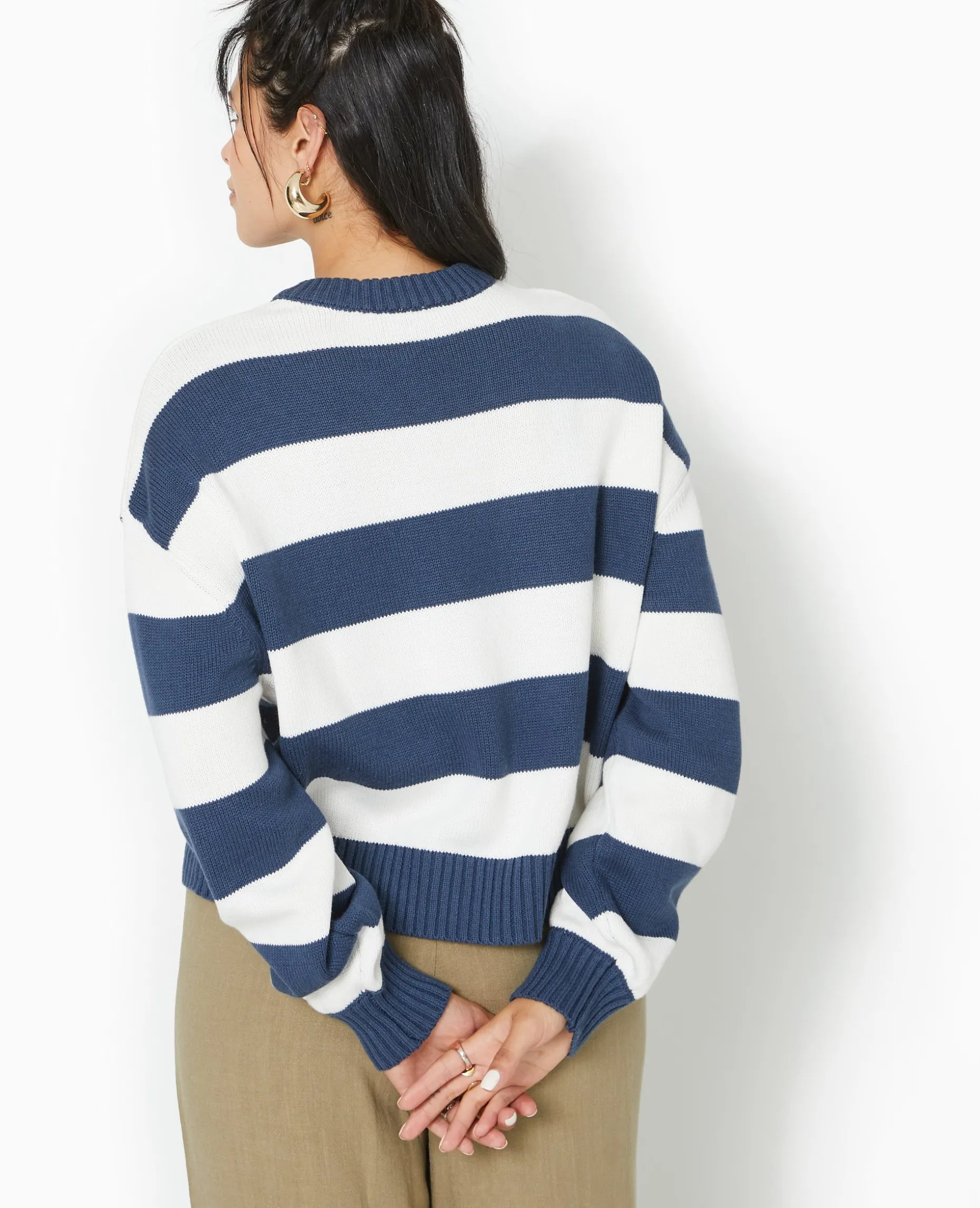 Pull Col Rond En Maille Rayée - Bleu Marine