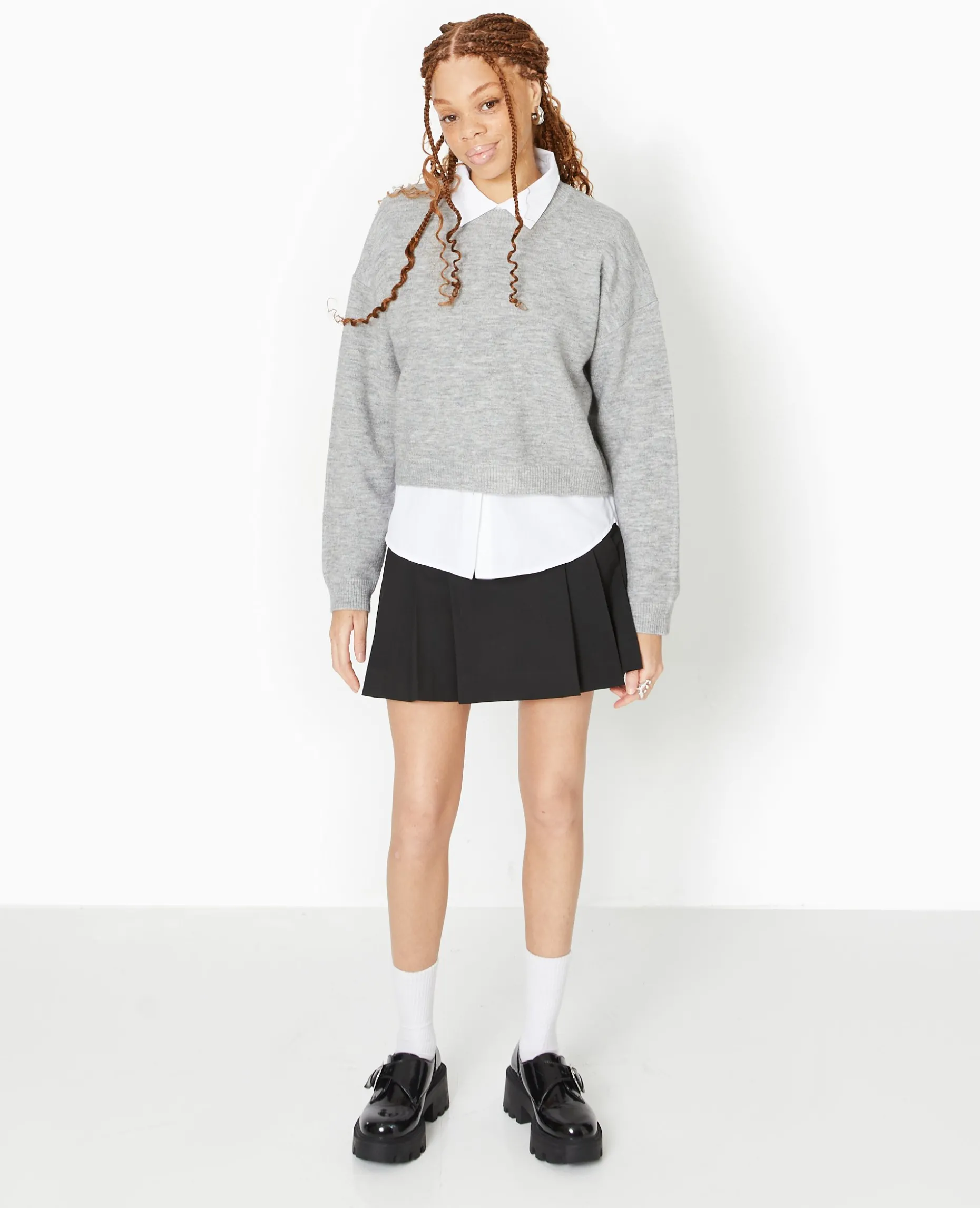 Pull Court En Maille - Gris Chiné
