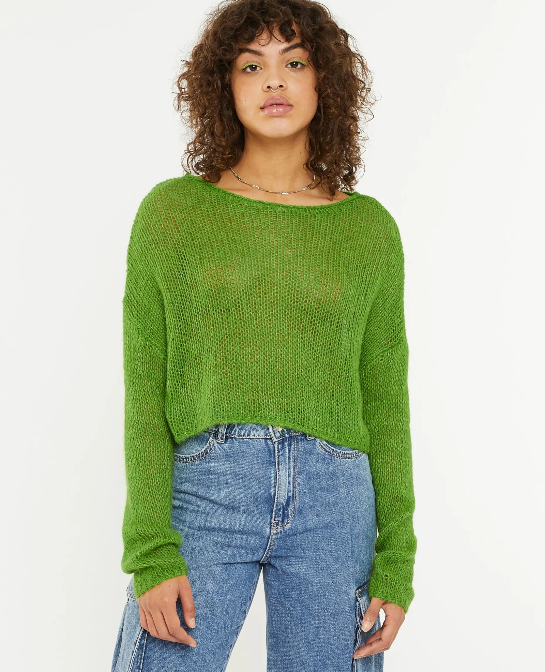 Pull Cropped En Maille Transparente - Vert Kaki