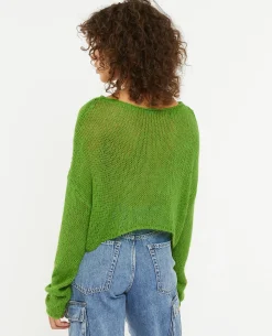 Pull Cropped En Maille Transparente - Vert Kaki