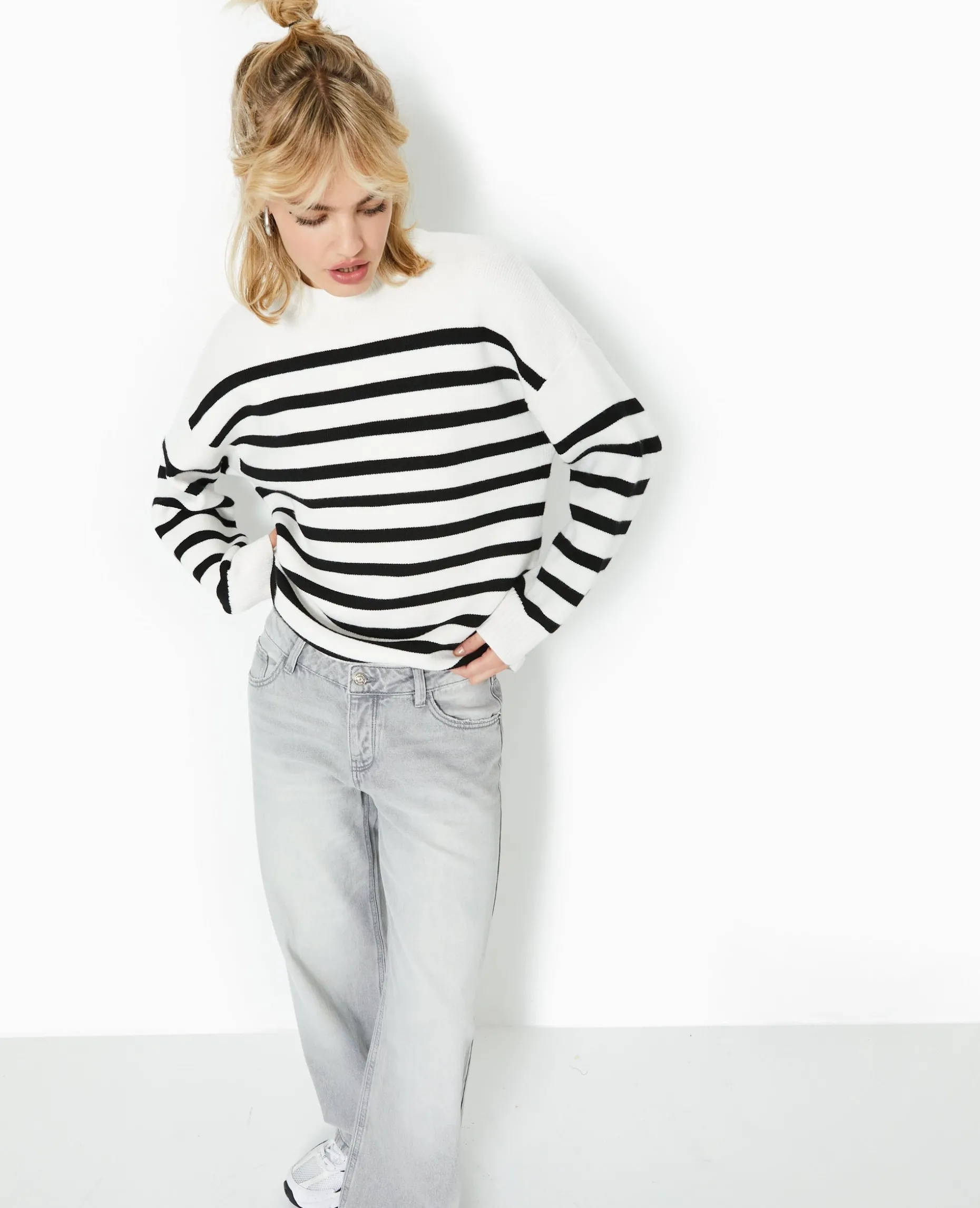 Pull Droit Rayé - Blanc