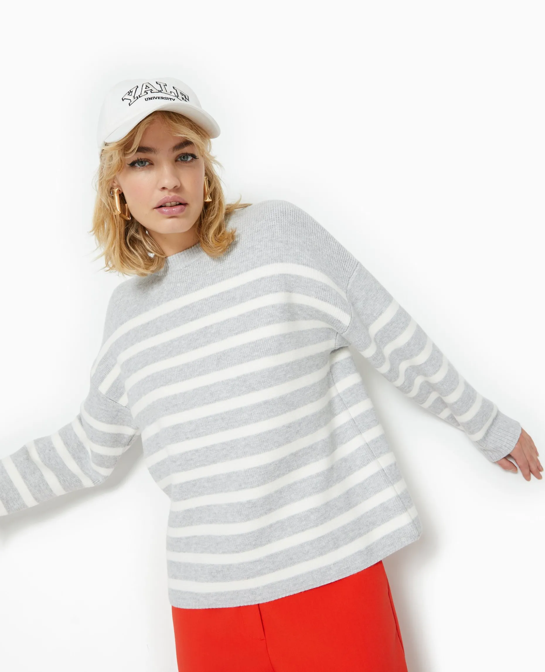 Pull Droit Rayé - Gris Chiné