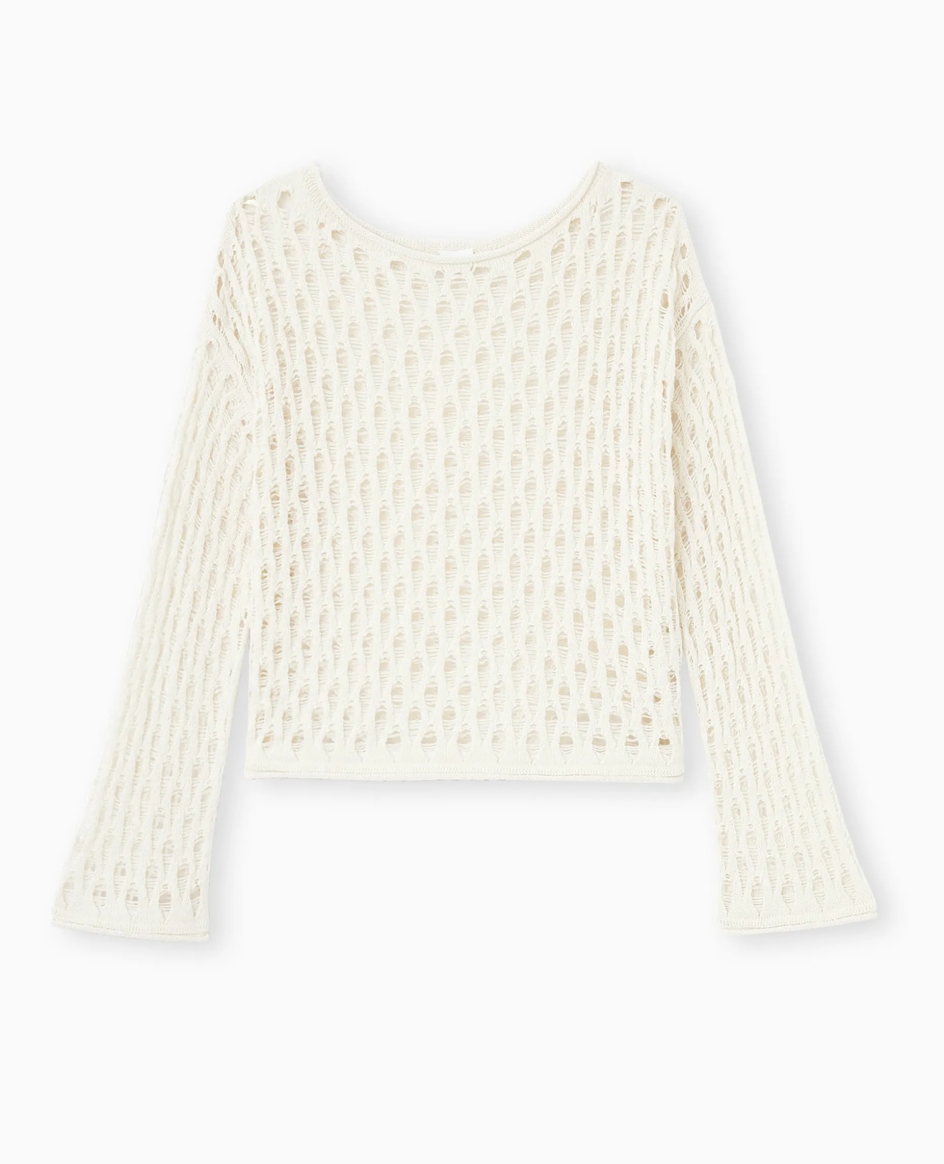 Pull En Maille Ajourée Manches Flare - écru