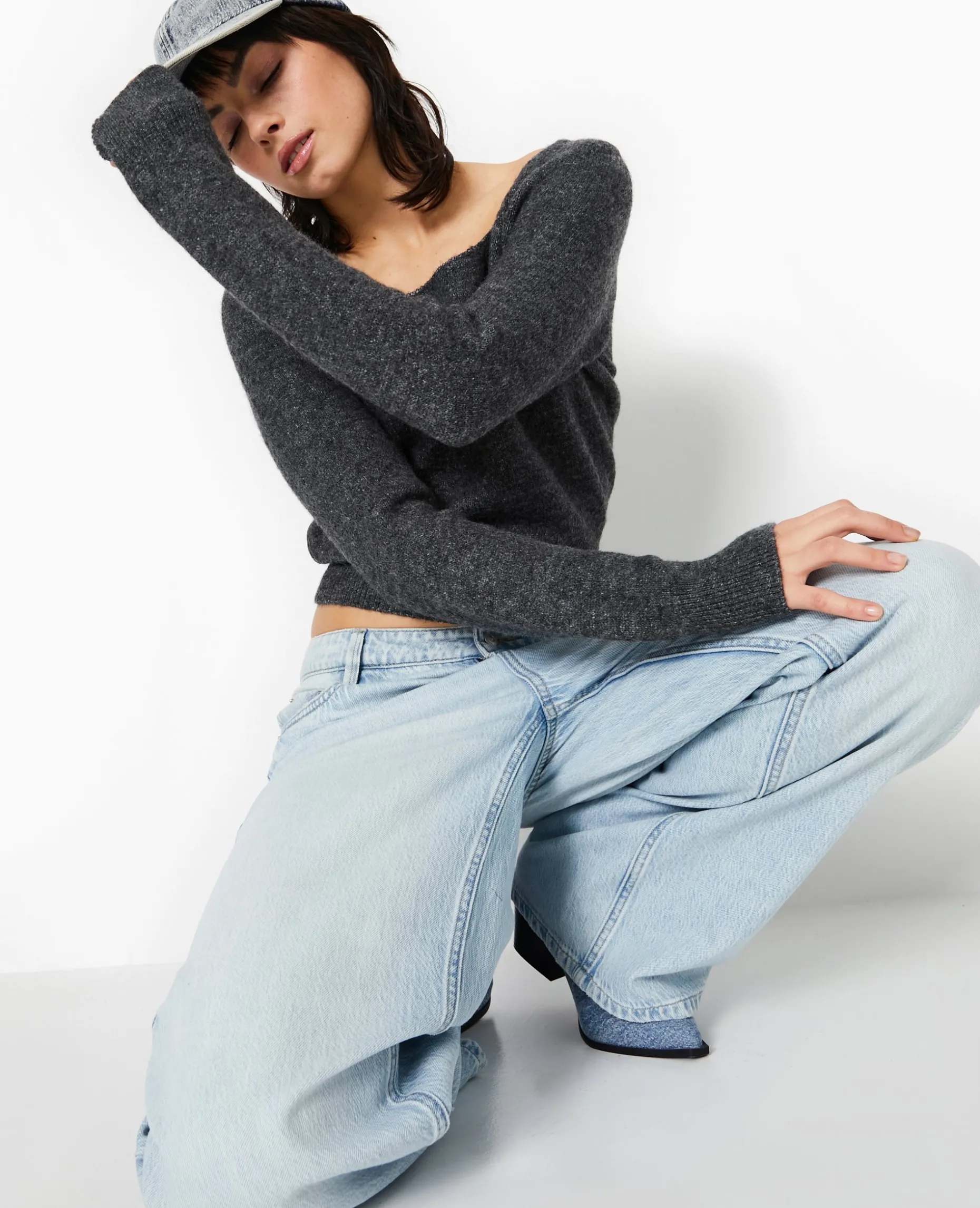 Pull En Maille Encolure Carrée - Gris Foncé