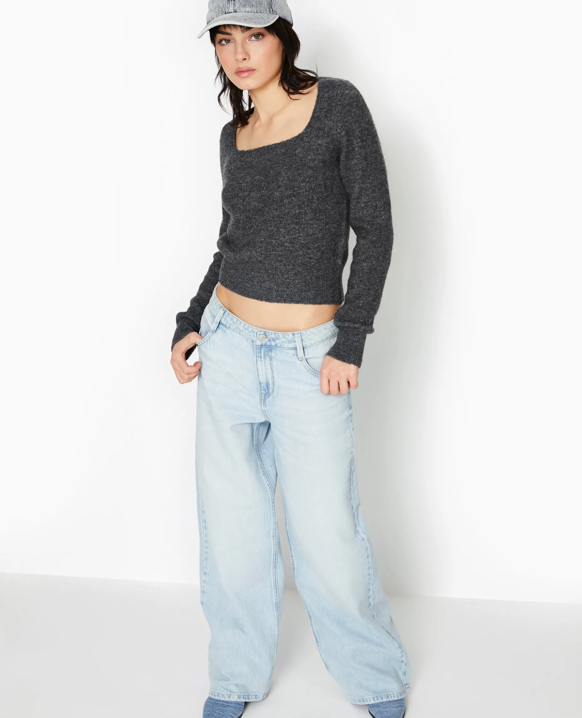 Pull En Maille Encolure Carrée - Gris Foncé