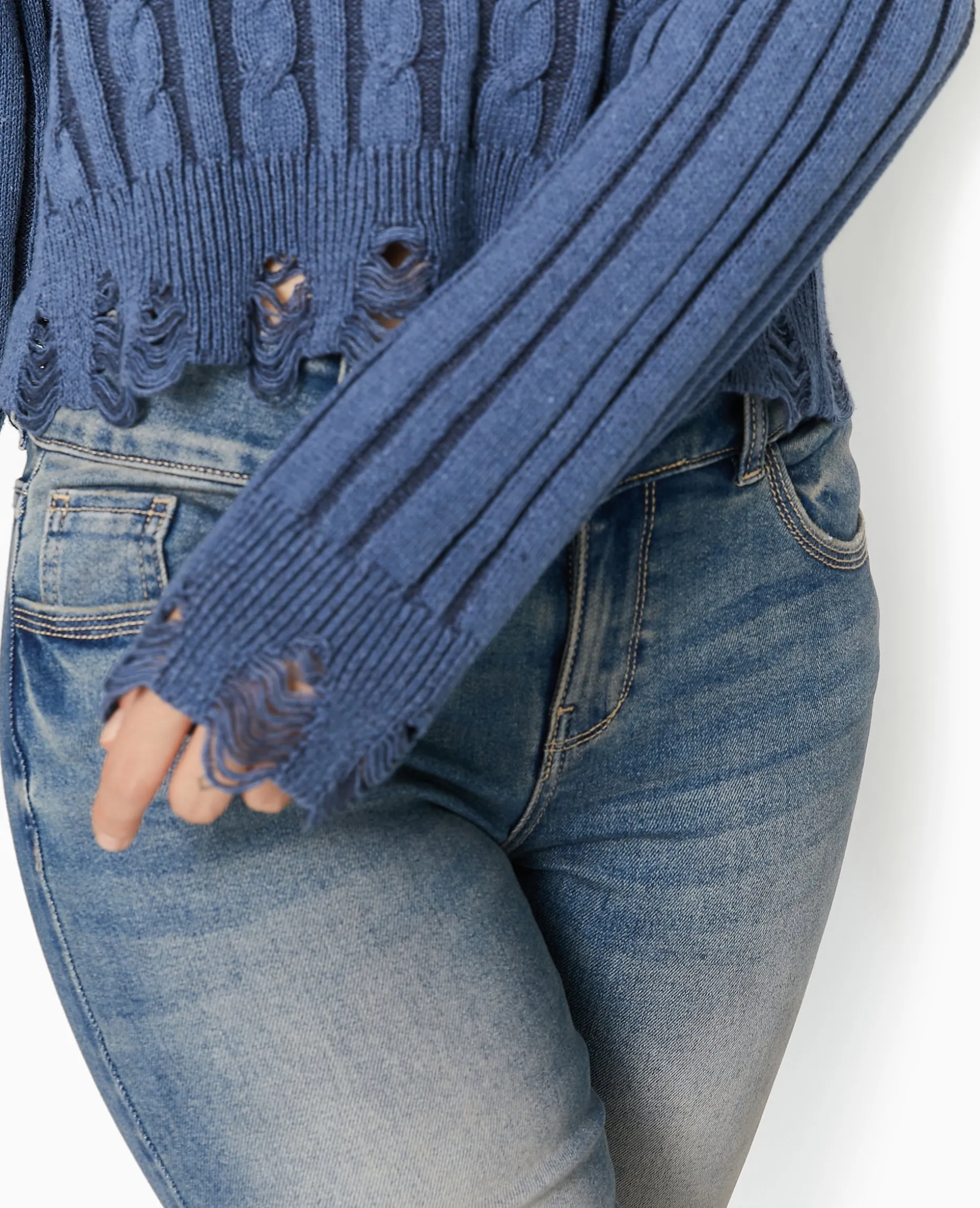 Pull En Maille Fantaisie Avec Effet Destroy - Bleu