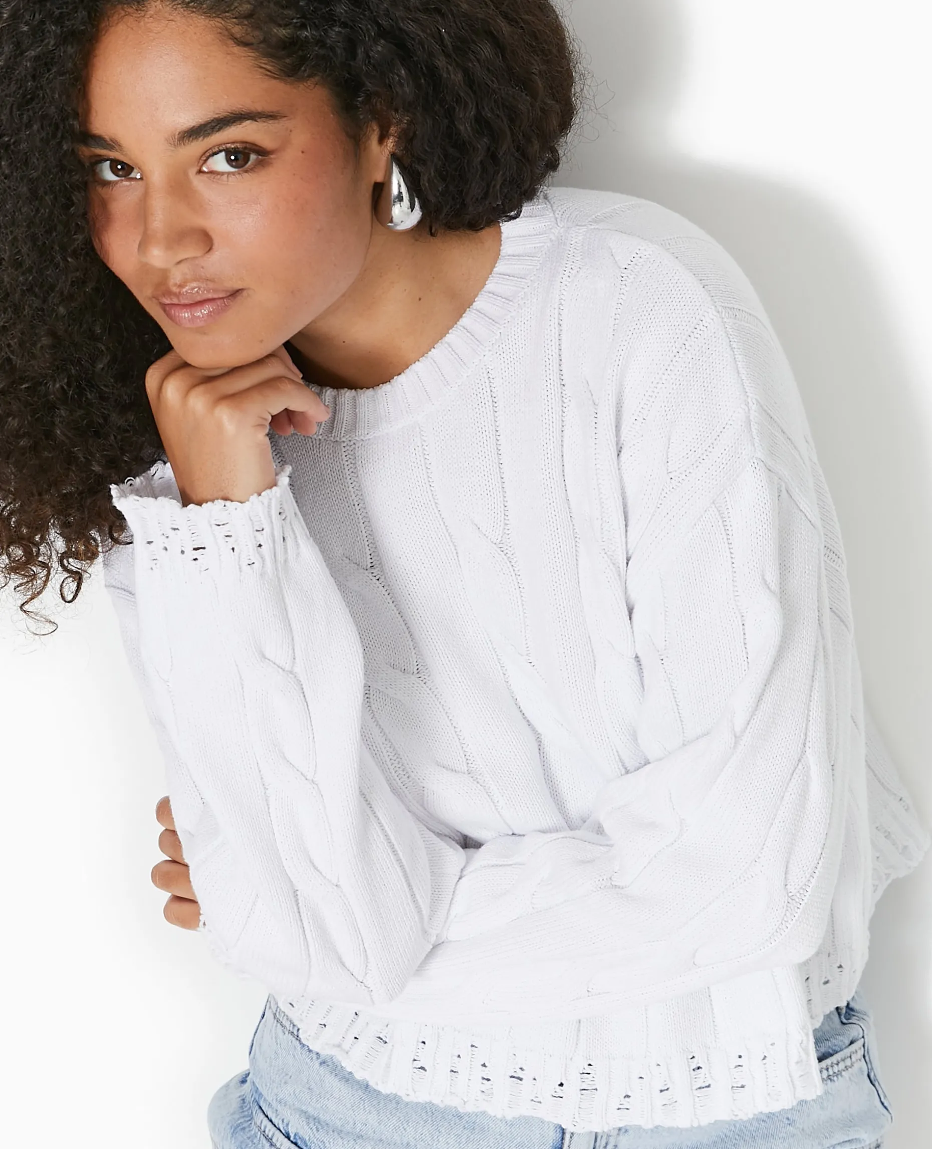 Pull En Maille Torsadée Et Déjaugée - Blanc