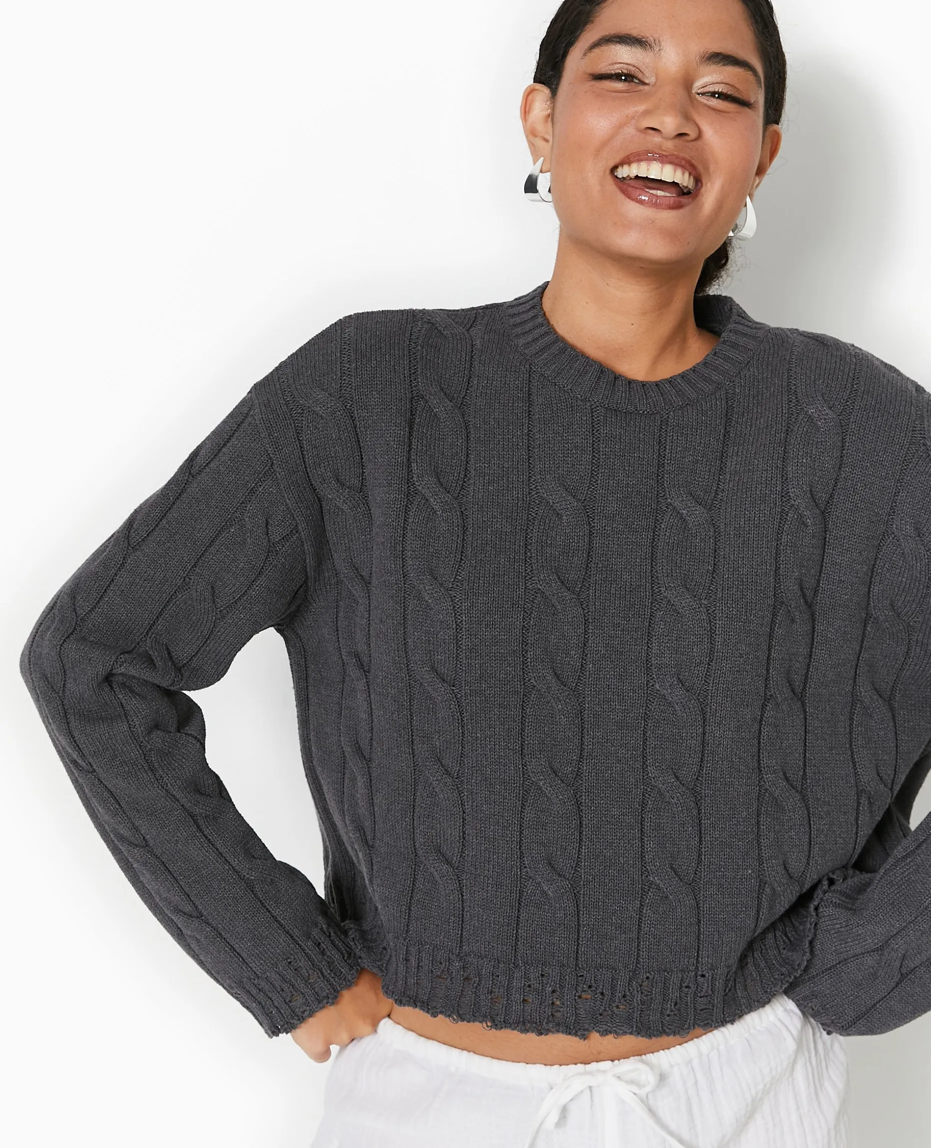 Pull En Maille Torsadée Et Déjaugée - Gris Foncé