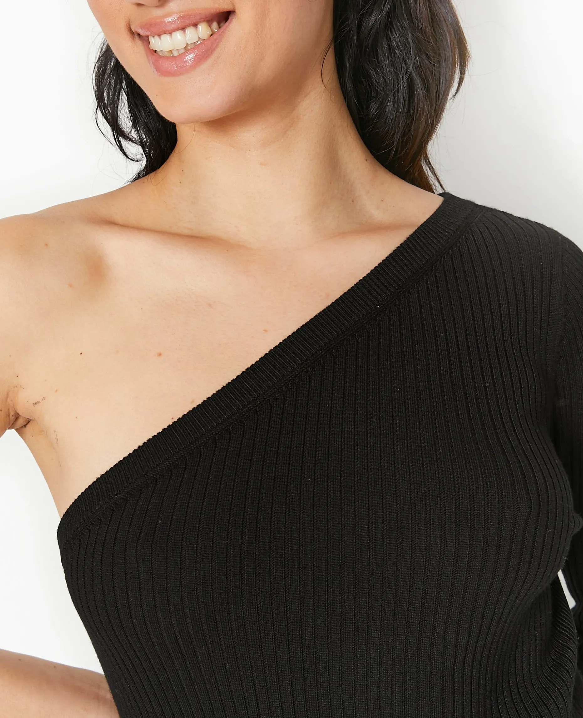 Pull Fin One Shoulder En Maille Côtelée - Noir