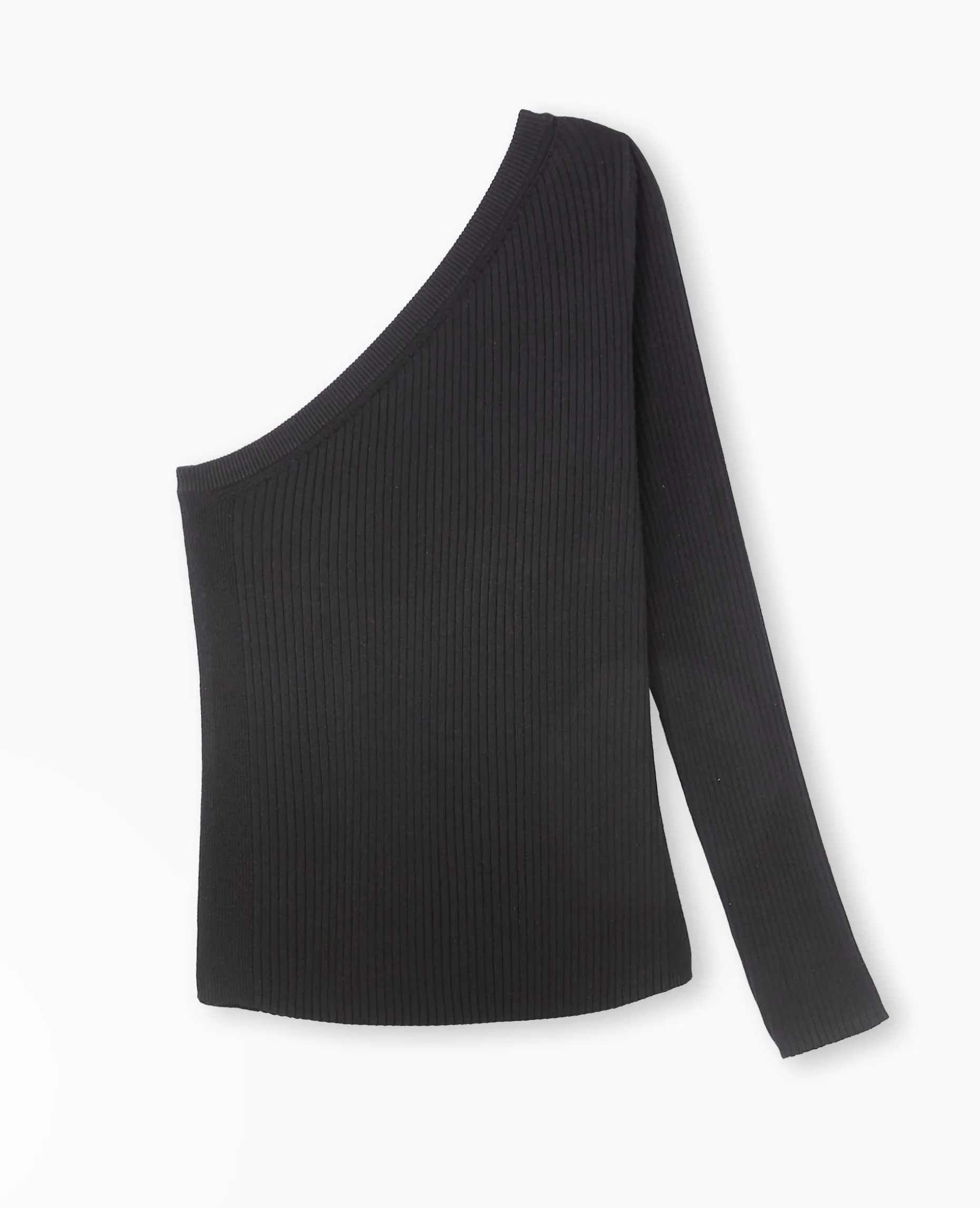 Pull Fin One Shoulder En Maille Côtelée - Noir