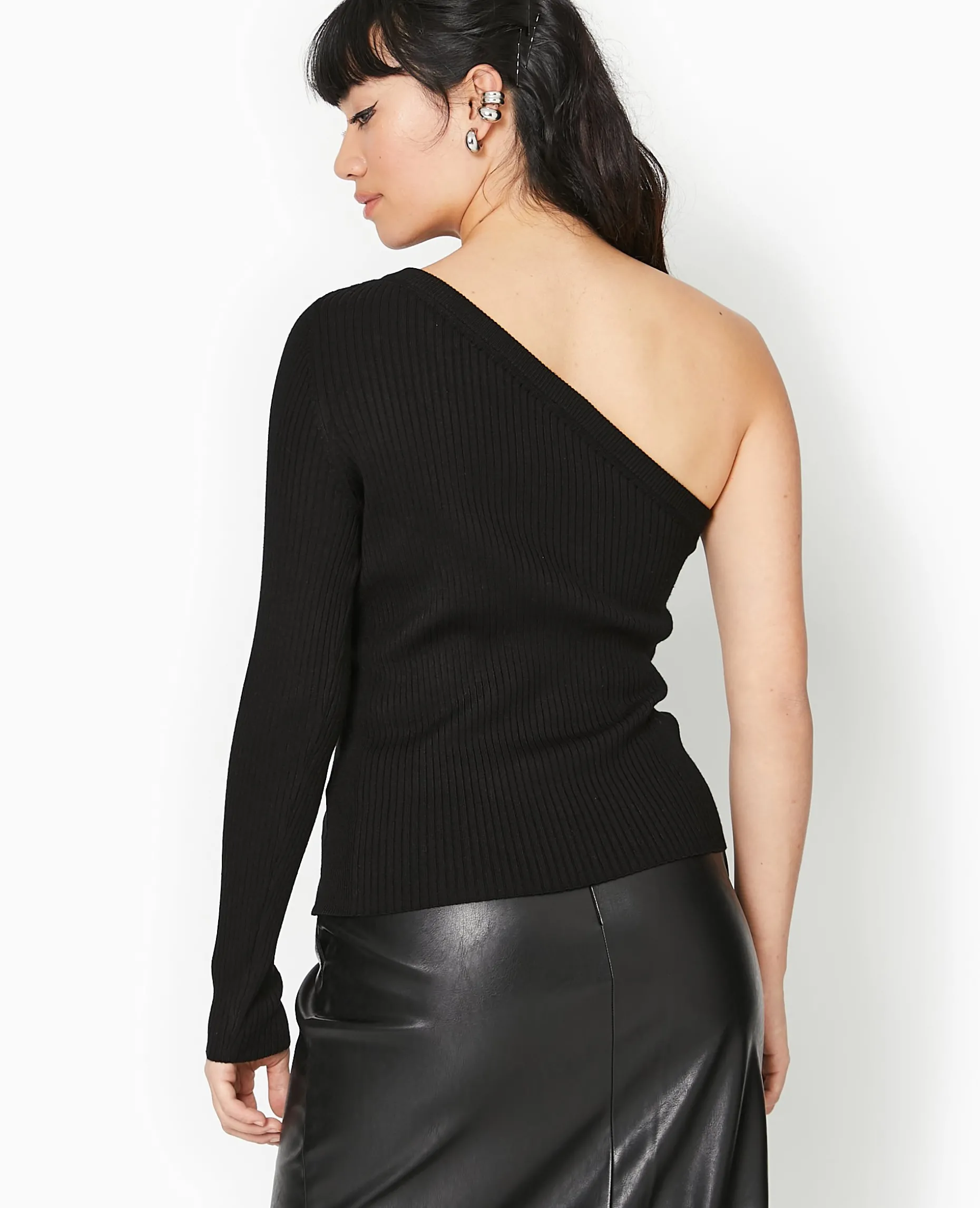 Pull Fin One Shoulder En Maille Côtelée - Noir