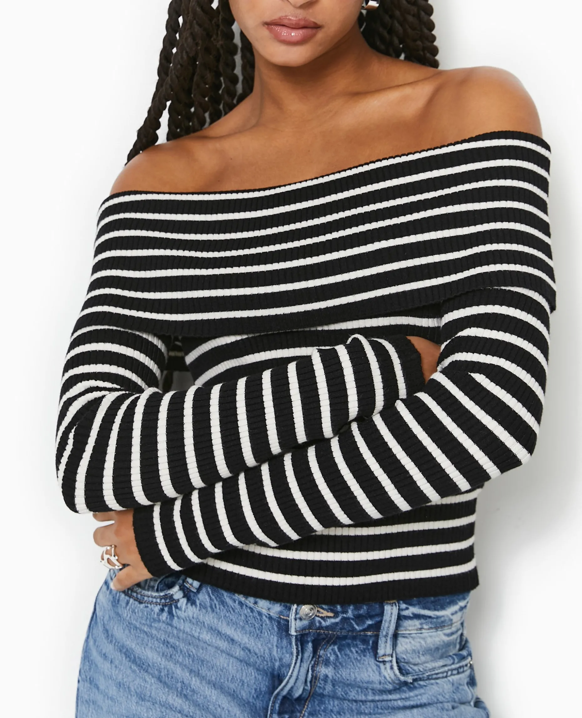 Pull Maille Fine Encolure Bardot - Noir