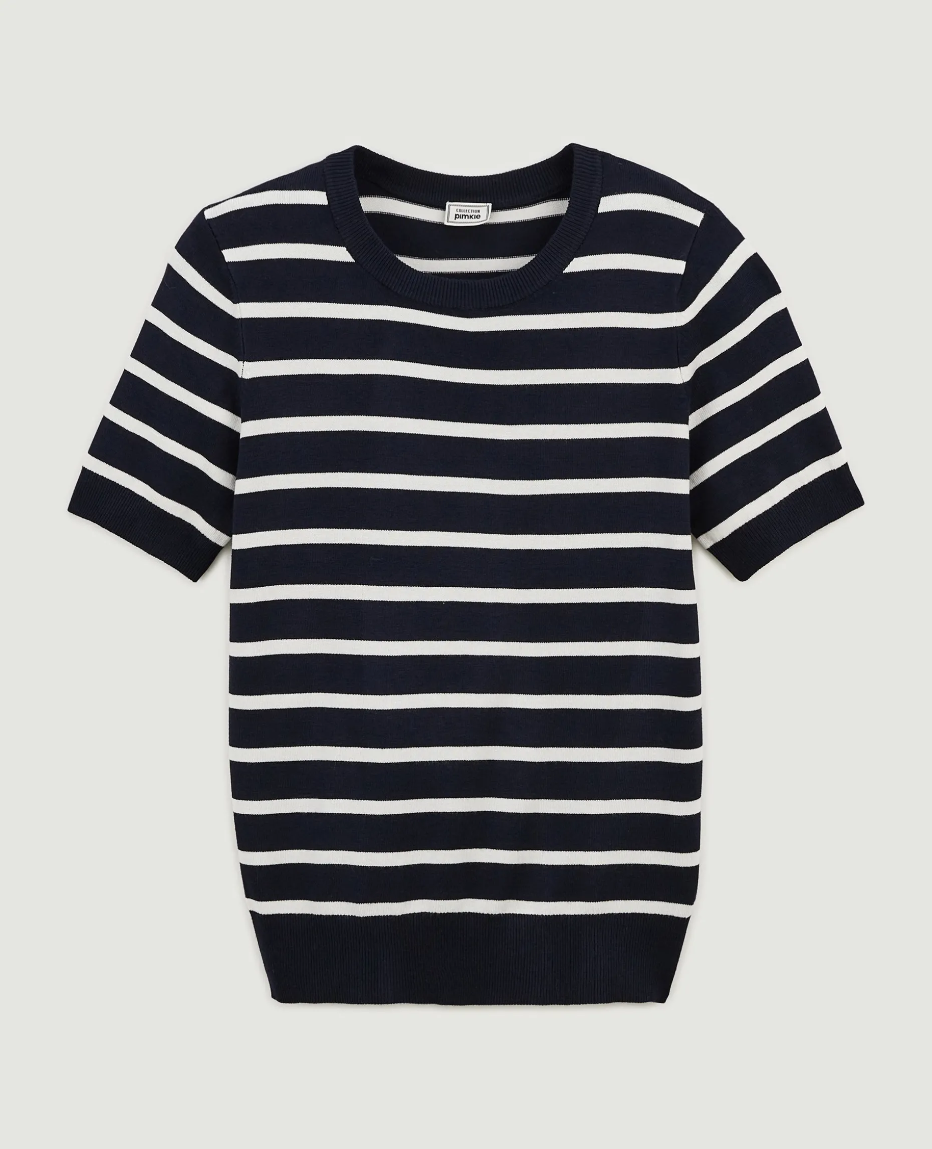 Pull Manches Courtes Rayé En Maille Fine - Bleu Marine
